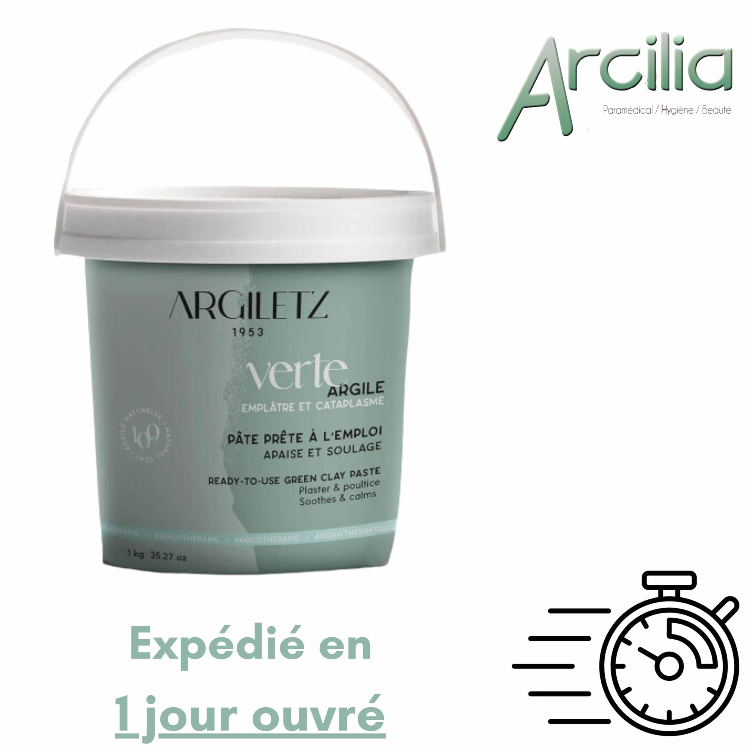 Argiletz Argile Verte 1kg Lot de 3 Pots Prête à l'emploi