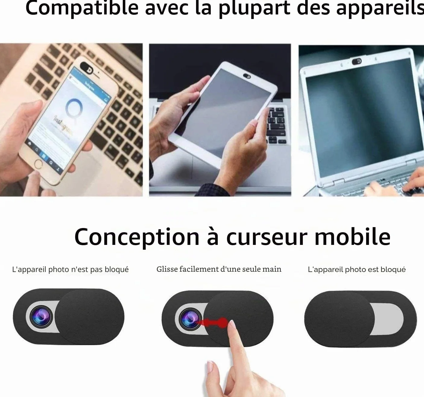 ivoler Pack de 3 Cache Webcam, Webcam Cover Autocollant Coulissant Couverture de Caméra Frontale Ultrafin pour Laptop, PC, Smartphones, Tablettes - Noir