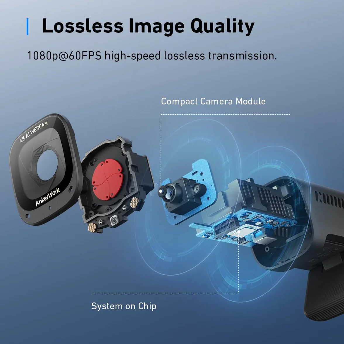 AnkerWork C310 Webcam 4K 12MP AI Auto Focus Framing Noise Canceling Mic Privacy Cover Adjustable FOV HDR Reconditionné
