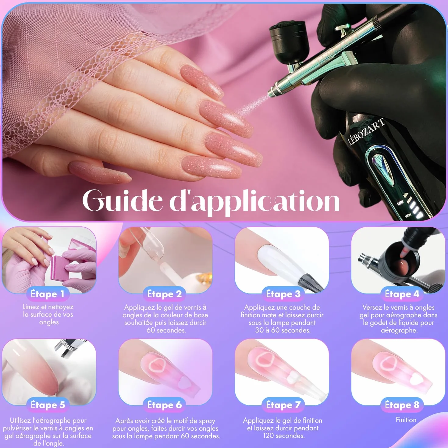 Kit 12 Vernis Semi-Permanent Gel UV Airbrush Ongle – Nail Art – Séchage Rapide Lampe UV/LED – Haute Pigmentation – Manucure Ongles – Nettoyant aérographe – Pochoir