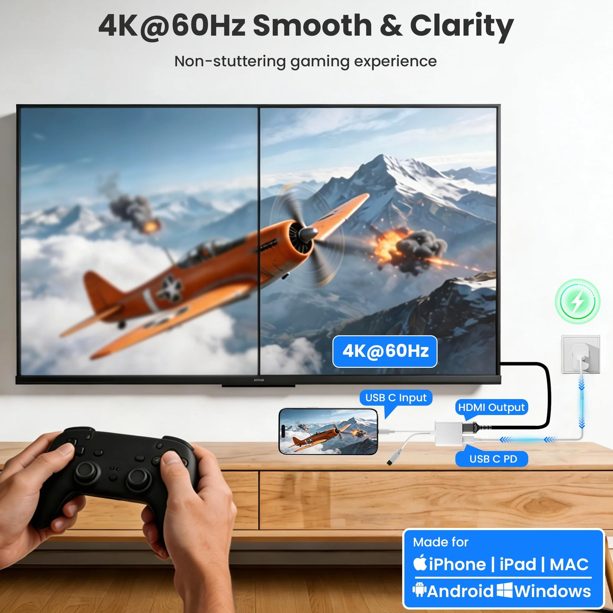 Adaptateur USB C et Lightning vers HDMI 4K@60Hz 100W pour iPhone 17/16/15/14 iPad MacBook Certifié MFi