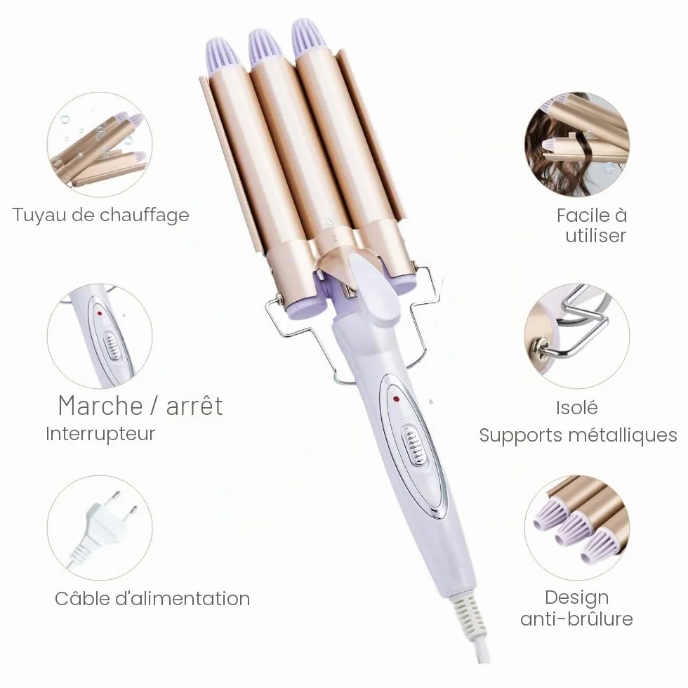 Reyke Boucleur à cheveux 3 barils 22 mm température réglable chauffage rapide grandes ondulations