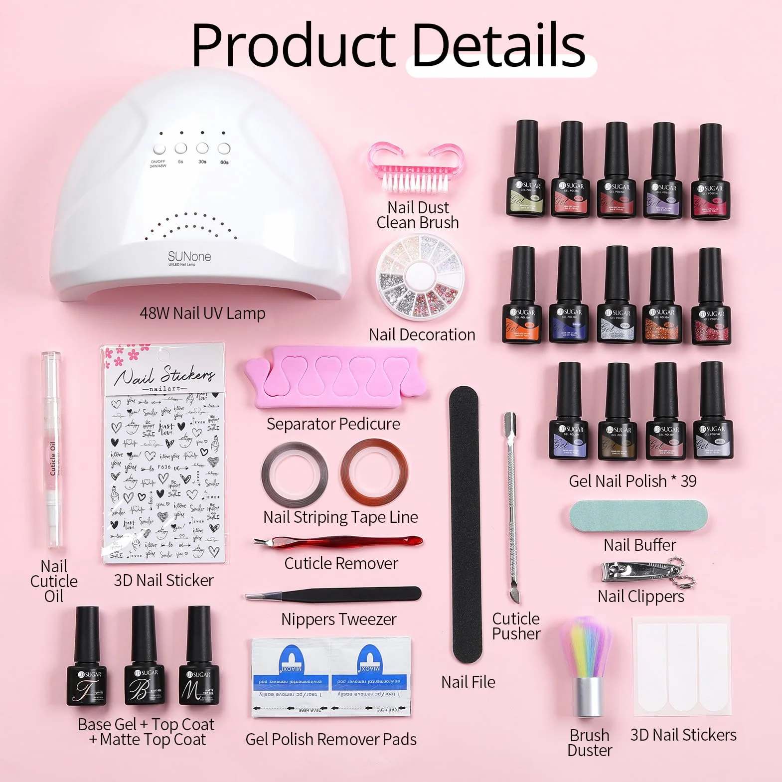 UR SUGAR Kit Vernis Semi Permanent 39 Couleurs avec Lampe UV LED 48W Base et Top Coat
