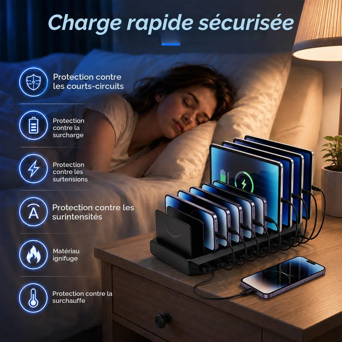 Station de Recharge USB 100 W, Portable 10 Ports Multiples avec séparateur Amovible réglable,Compatible avec iPhone/Apple Watch/Samsung/Google/tablettes/périphériques USB