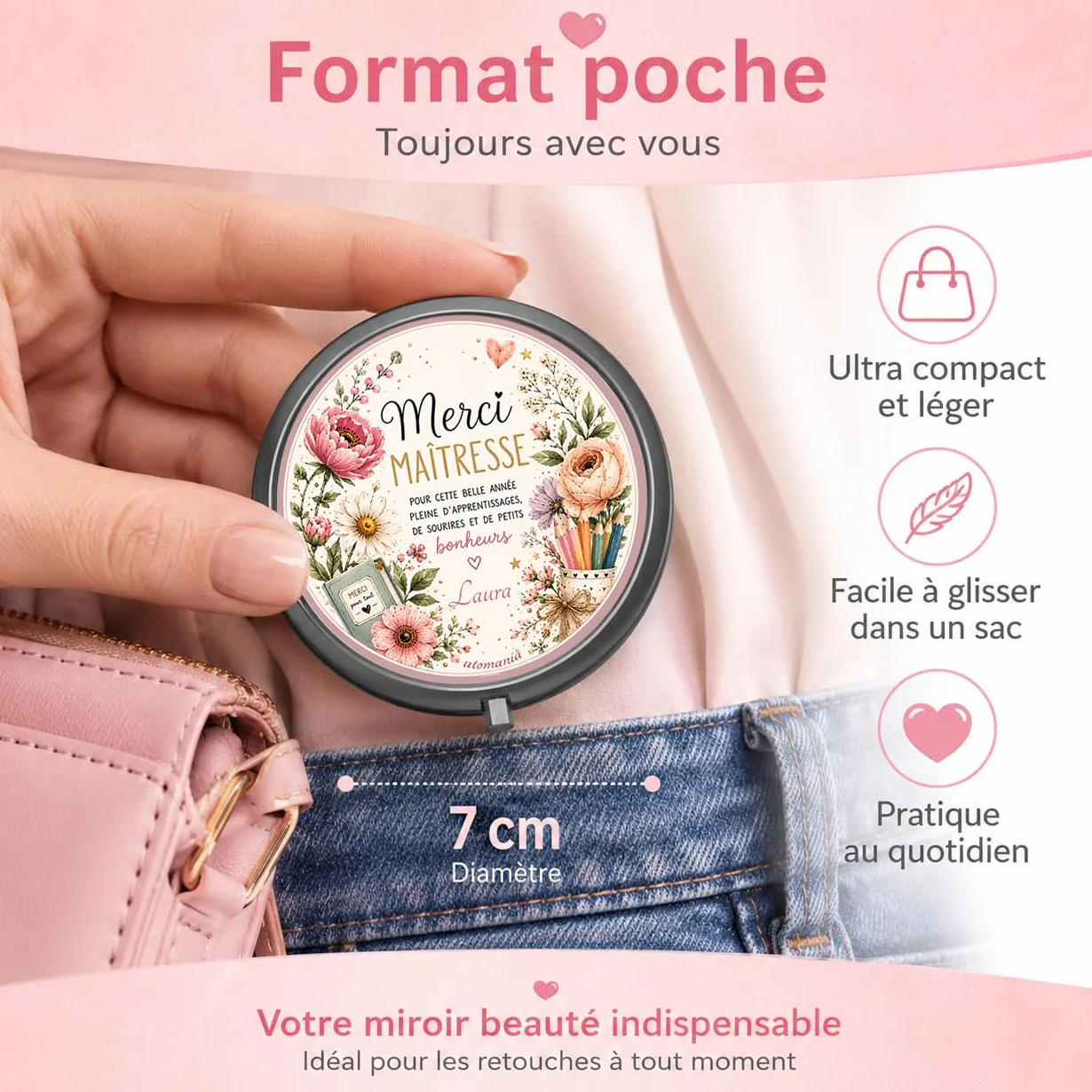 Miroir de Poche Personnalisé Merci Maîtresse – Cadeau Fin d'Année Scolaire – Miroir Compact