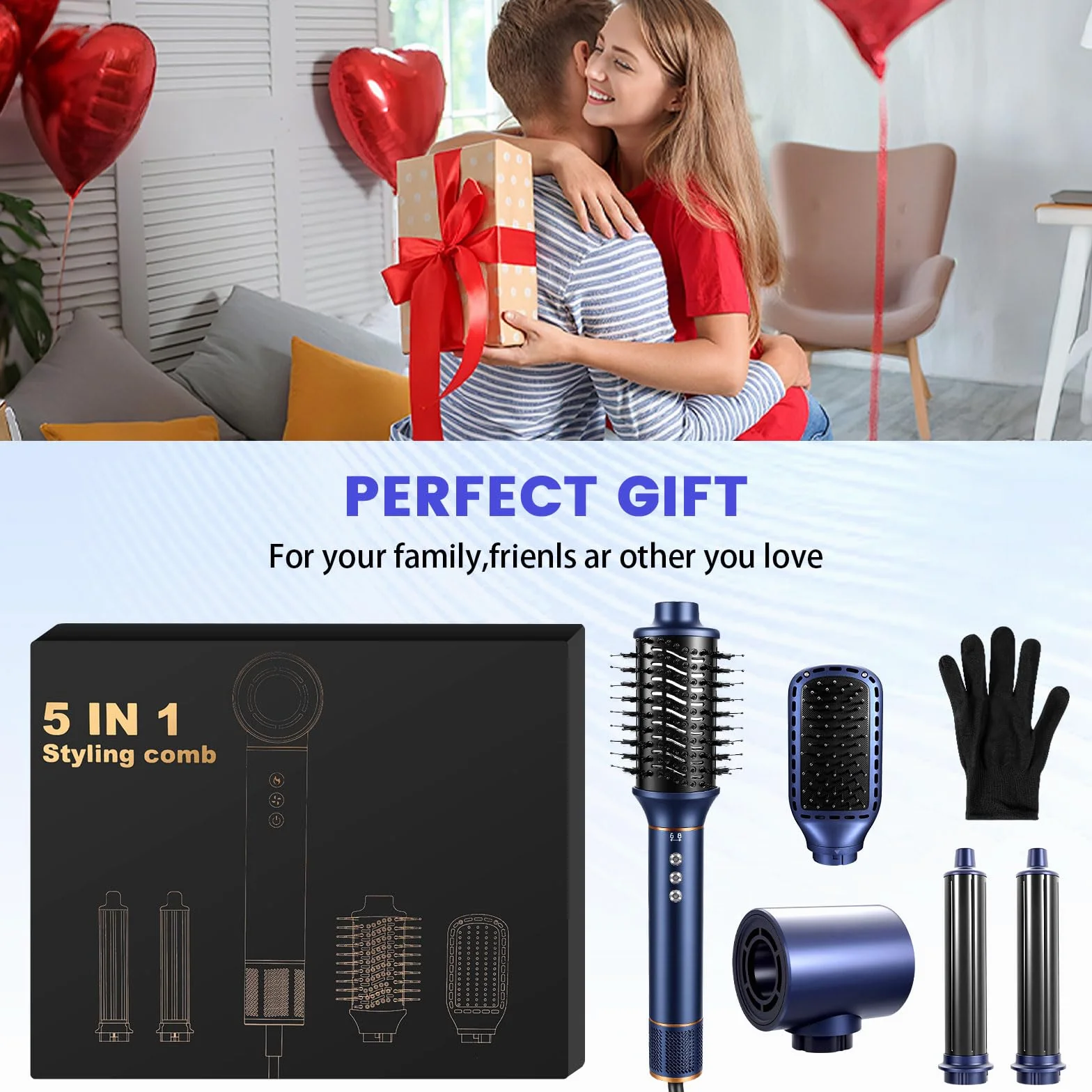 Air Brush 5 en 1 Hair Styler 1400W Seche Cheveux Brosse Lissante Fer a Boucler Bleu
