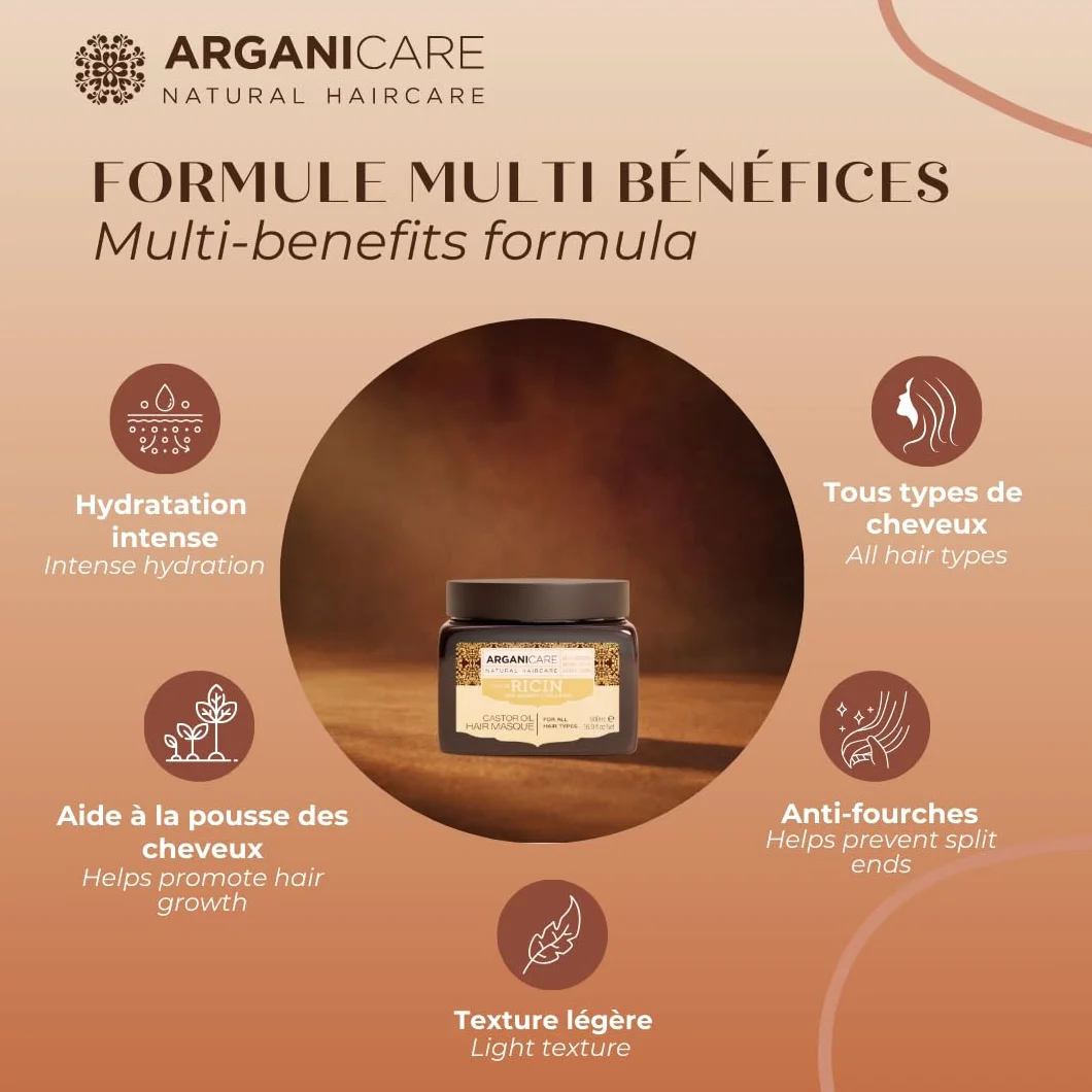 ARGANICARE Masque Cheveux Huile de Ricin Bio & Argan 500 ml – Soin Hydratant Réparateur Anti-Casse pour Cheveux Secs et Abîmés