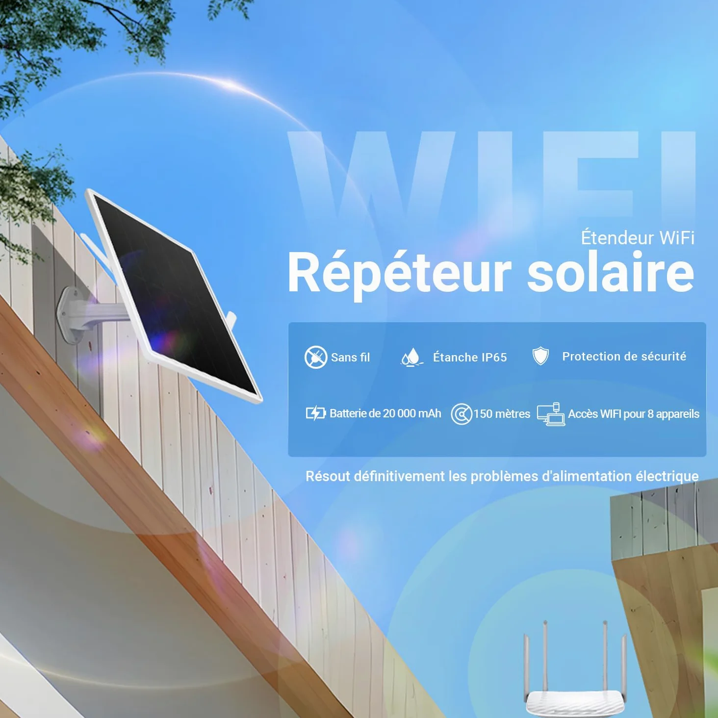 Répéteur Solaire d'extérieur résistant aux intempéries, amplificateur de Signal Internet sans Fil 2,4 GHz avec énergie Solaire + Batterie de 20000 mAh, Pas de Zones mortes WiFi pour la
