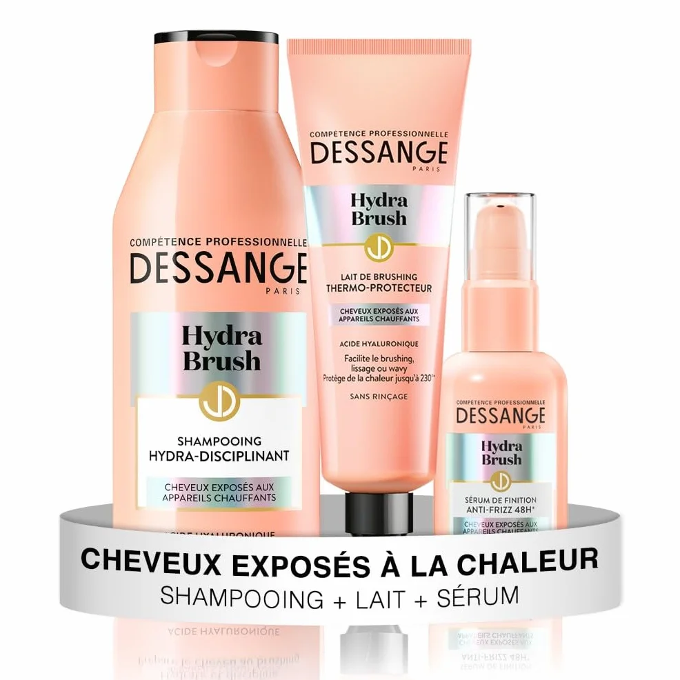 DESSANGE Coffret Hydratant Disciplinant Hydra-Brush Shampoing Lait Brushing Thermoprotecteur Sérum Finition Anti-Frizz 48H Acide Hyaluronique