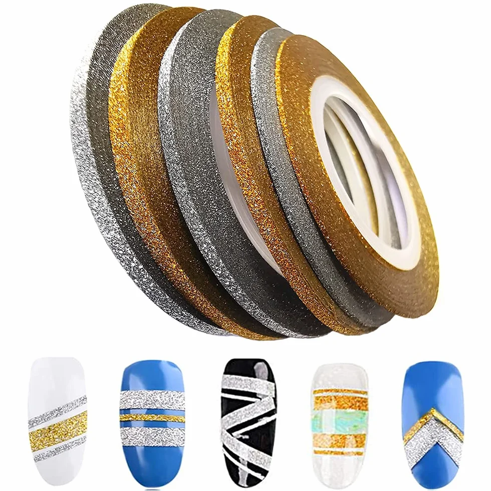 CHANGAR Lot de 6 rouleaux ruban adhésif paillettes nail art 1 mm 2 mm 3 mm Doré argenté