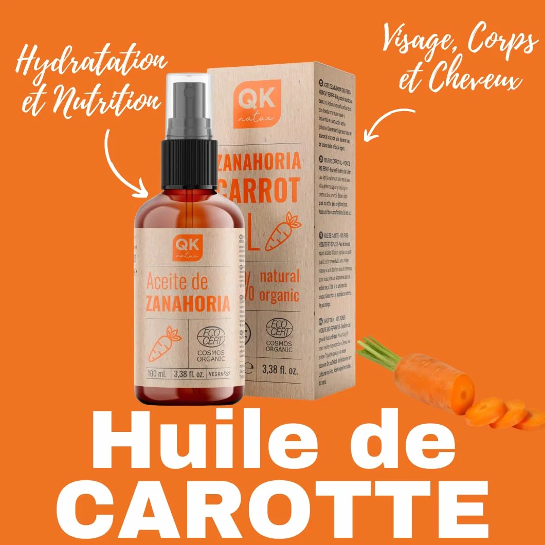 Huile de Carotte 100 ml 100% Pure Naturelle Bronzant Solaire Naturel Flacon Verre
