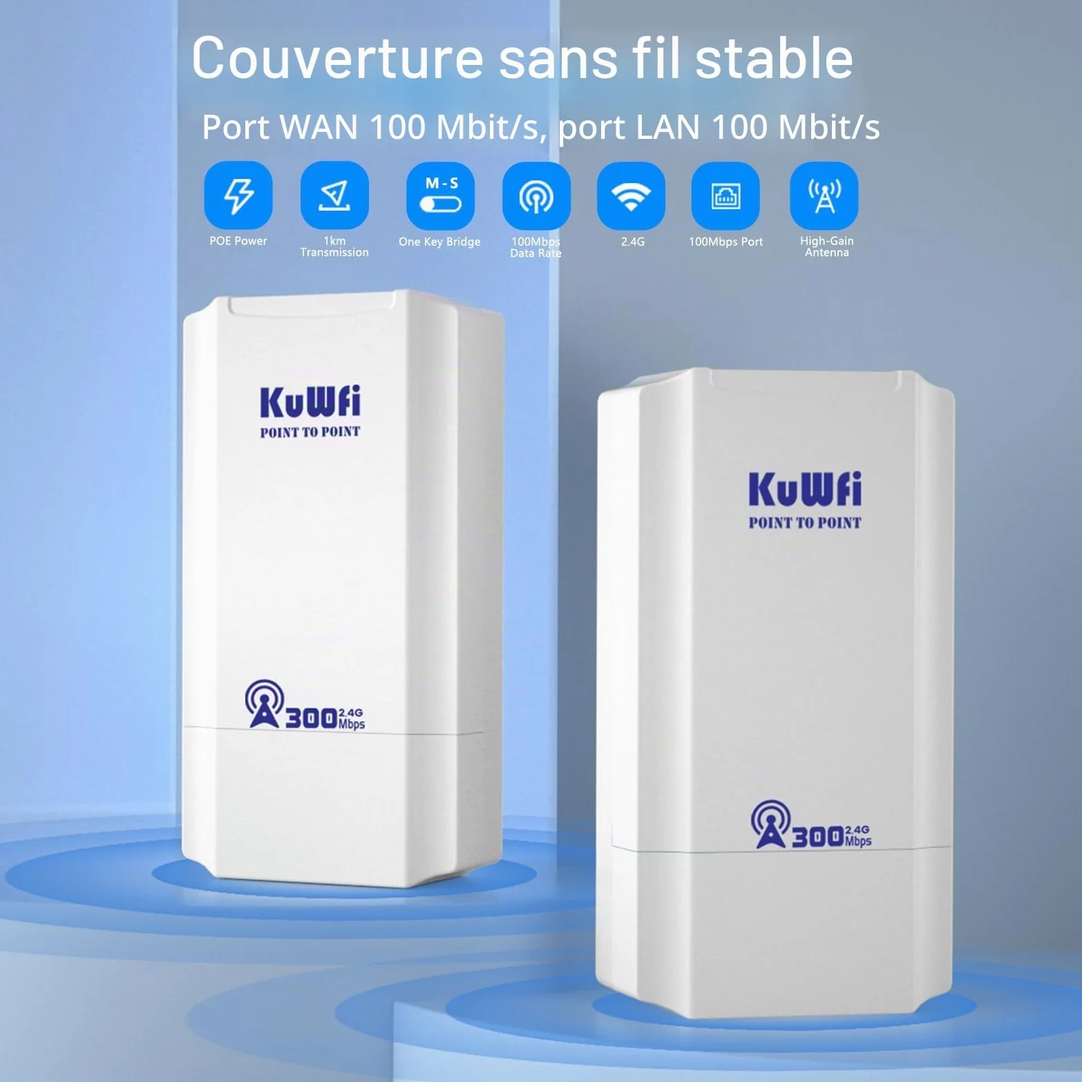 Point d'accès externe, pont sans fil KuWFi 2,4 GHz 300 Mbps, antenne Wi-Fi externe 8 dBi CPE avec écran LED pour la configuration WDS PT/PTMP, Wi-Fi point à point longue portée 1 km pour routeur/camér