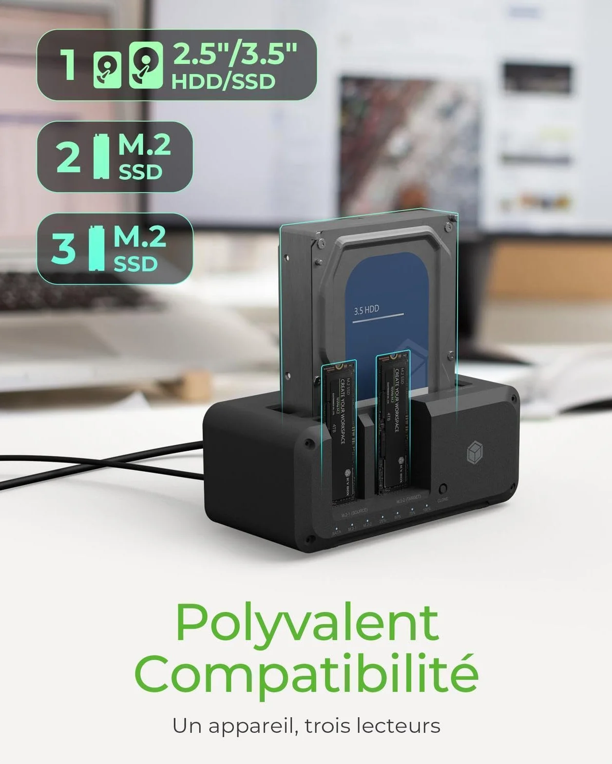 ICY BOX Station d'accueil M.2 NVMe SATA USB 3.2 10 Gbit/s clonage bidirectionnel
