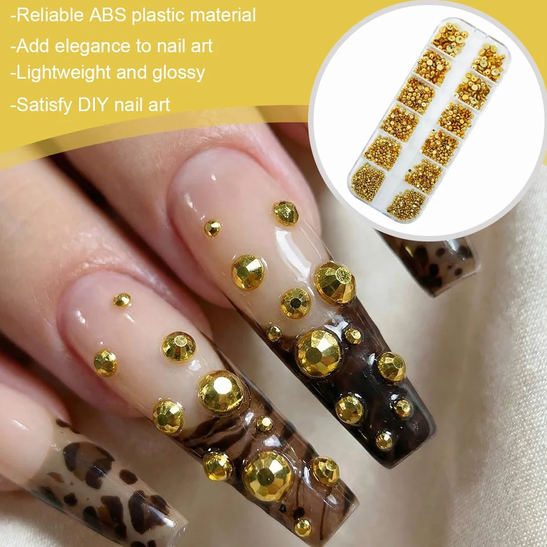 Boîte 3D Flatback Perle Ongle Or, Strass Nail Art, Demi-Rondes Métal pour Deco Ongle