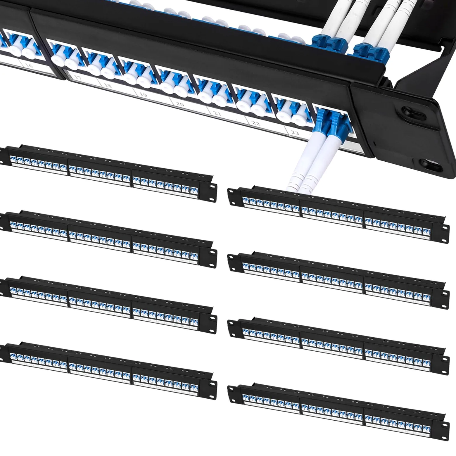 Lot de 8 panneaux de brassage LCUPC en fibre, 48 ports 1U 48,3 cm, chargés avec 24 adaptateurs à fibre optique duplex monomode LC UPC
