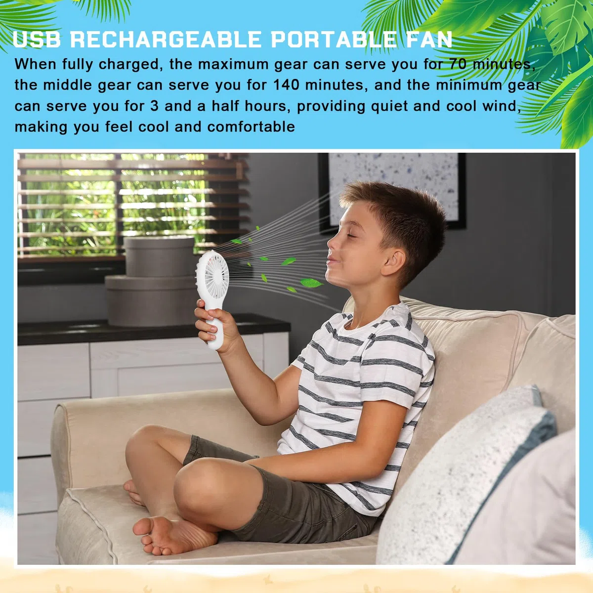 Woanger Lot de 4 mini ventilateurs portables à piles avec câble de données et base de montage - Petit ventilateur électrique rechargeable USB silencieux pour l'été (blanc)