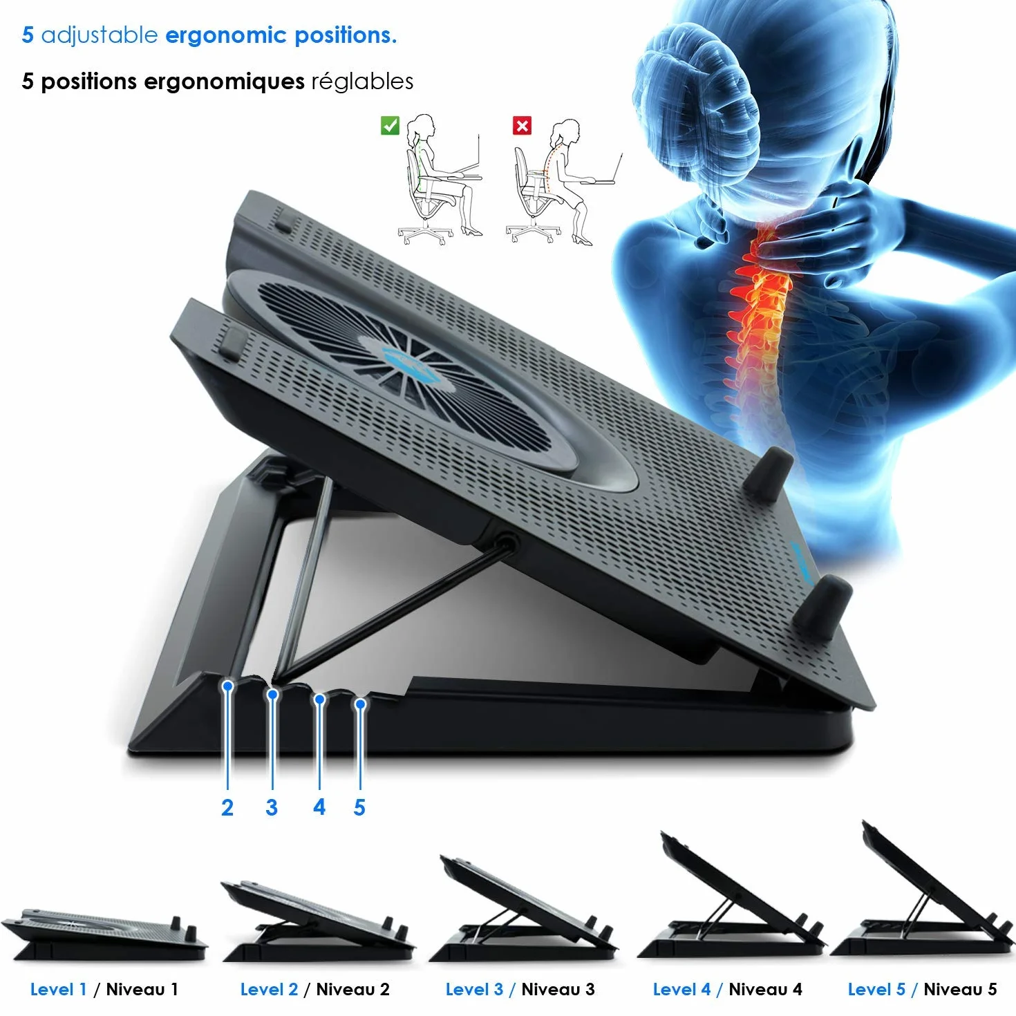 EMPIRE GAMING Turboost Aluminium Refroidisseur PC Ordinateur Portable Gamer 5 Ventilateurs Support 12-17 Pouces Rétroéclairage LED Bleu