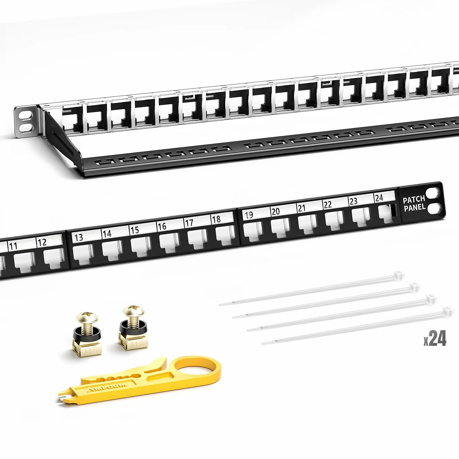 AMPCOM Panneau de brassage Keystone vierge à 24 ports – Demi-U (0,5U) 48,3 cm Montage en rack ou mural Panneau modulaire déchargé avec barre de gestion de câbles arrière en métal pour réseau UTP/STP