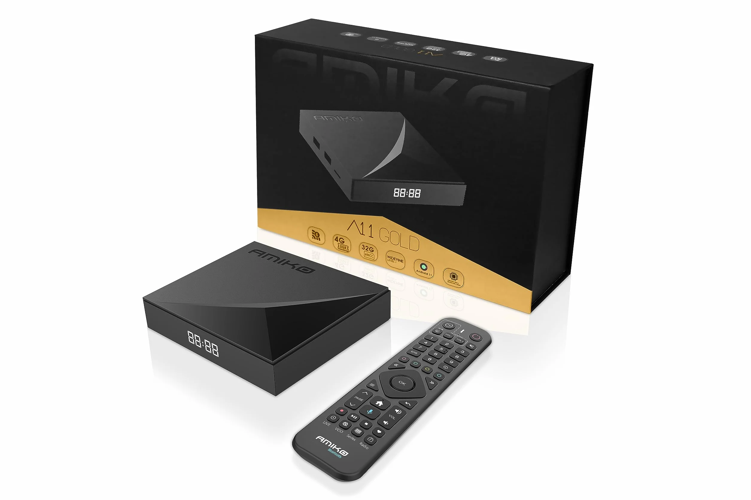 Amiko A11 Gold 4K UHD Android 11 WiFi Dual Band 100 Gigabit Bluetooth 5.2 USB 3.0 Widevine
