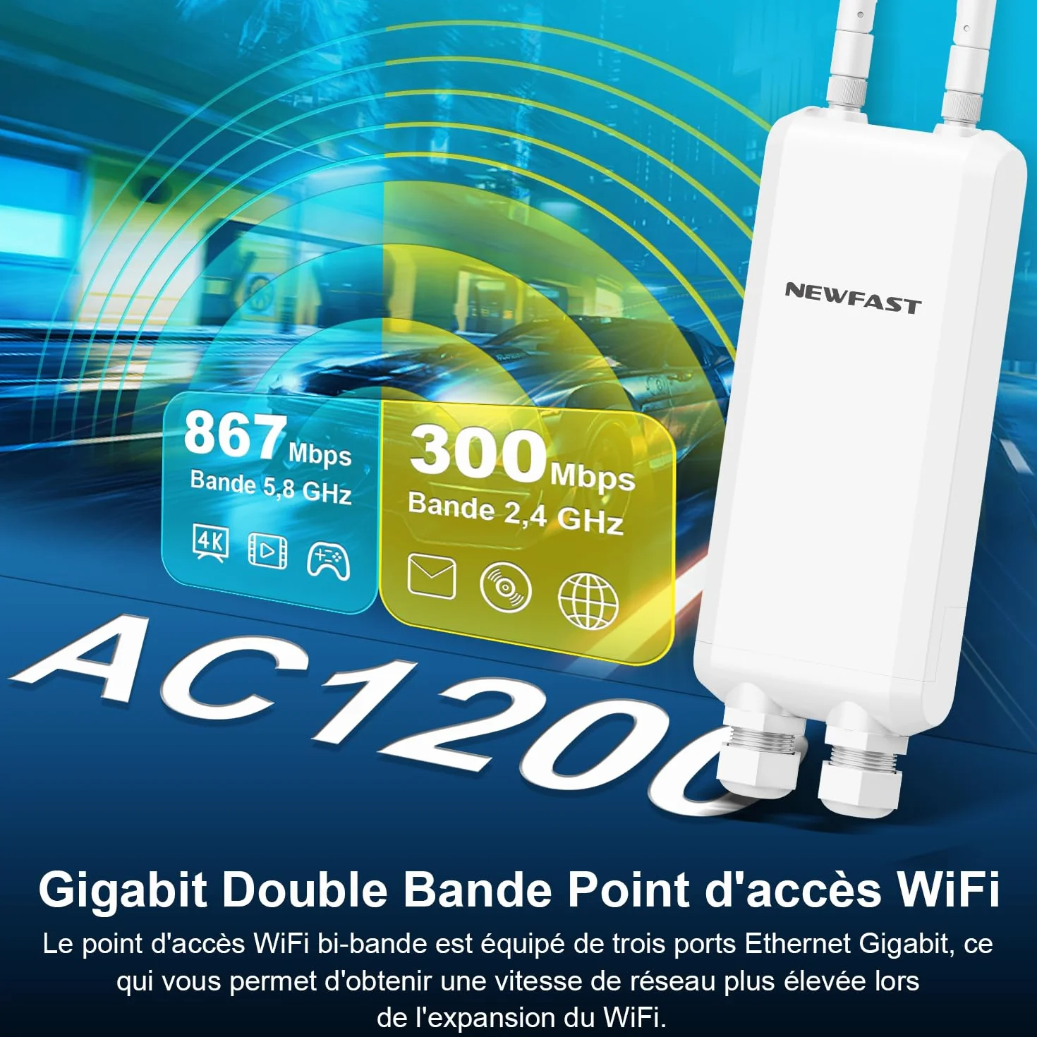 NEWFAST A882 Outdoor Point d'accès Wi-FI Extérieur AC1200 Haute Puissance Répéteur Wi-FI Extérieur Double Bande Répéteur WiFi Longue portée,3 Port Ethernet Gigabit,IP66 Borne WiFi Exterieur