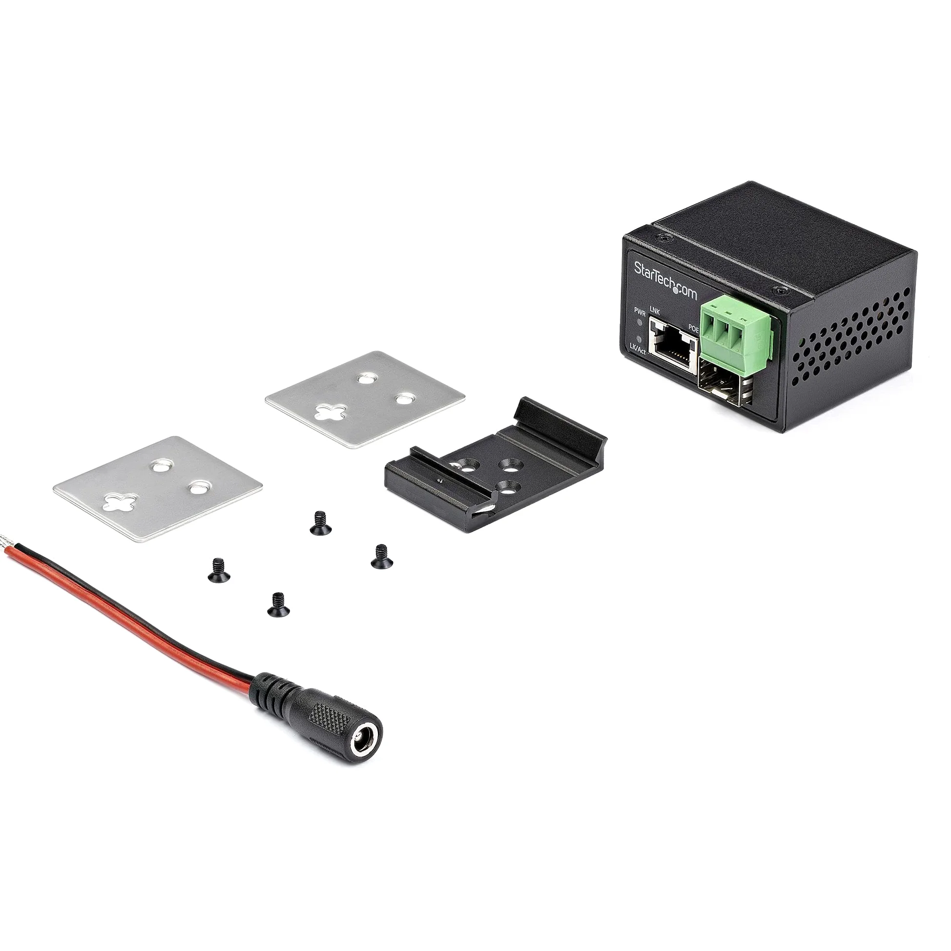 StarTech Convertisseur Fibre RJ45 PoE+ Industriel 30W, SFP (IMC1GSFP30W) | Gigabit, Monomode ou multimode, IEEE 802.3af/at, IP-30, -40 à +75C, Rail DIN