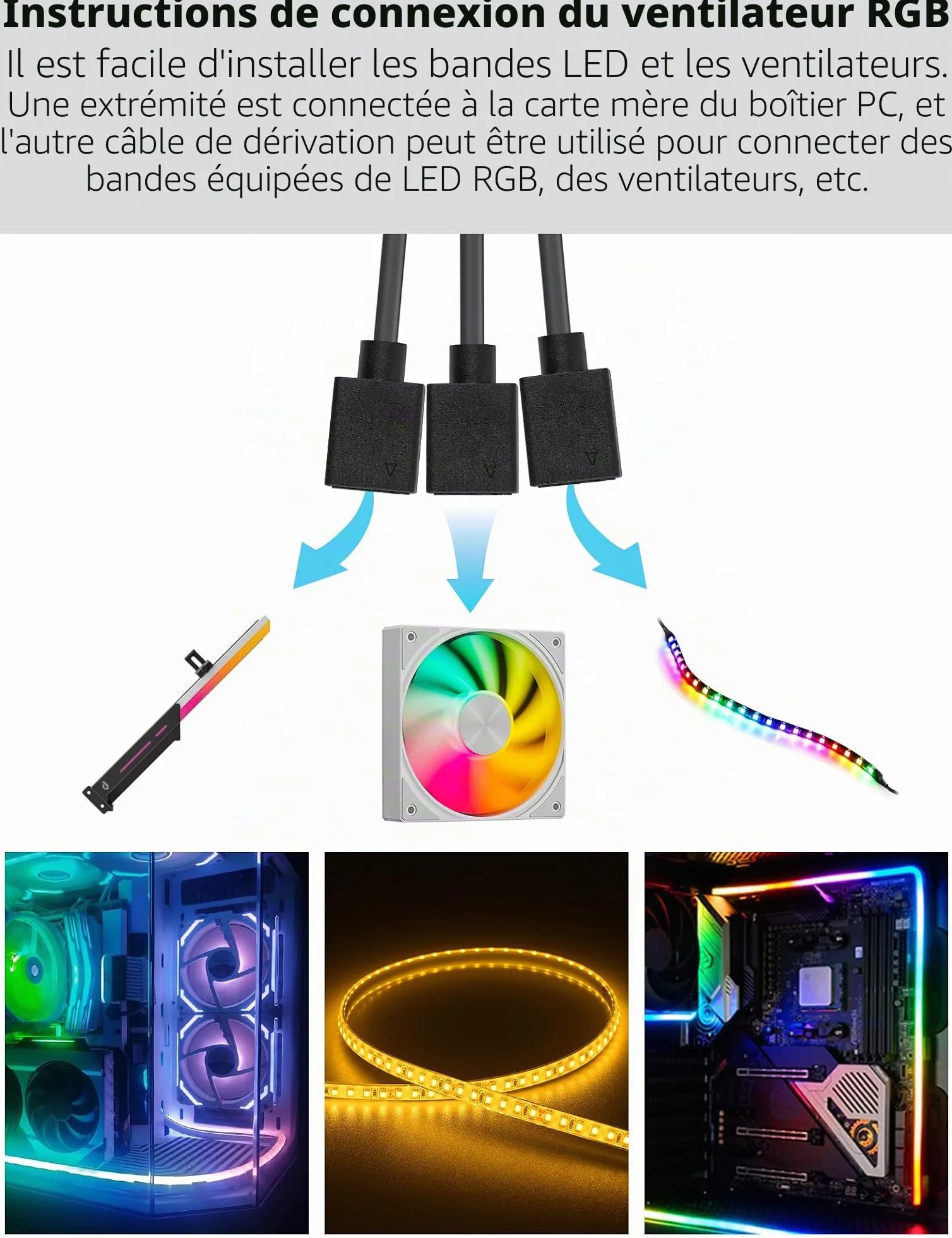upHere ARGB 3Pin Répartiteur de Ventilateur 1 à 4 Splitter Cable 30cm avec Broches mâles