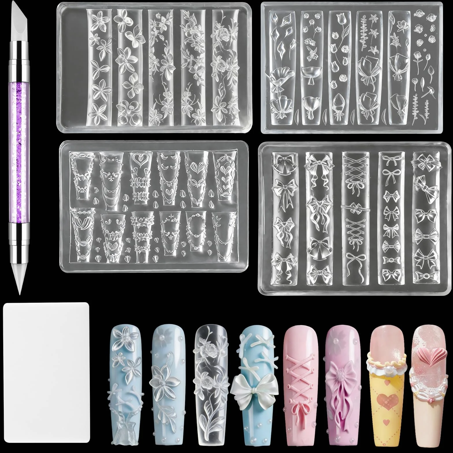 Moules Silicone pour Nail Art 3D Fleurs avec Stylo à Gravure, EBANKU 4PCS
