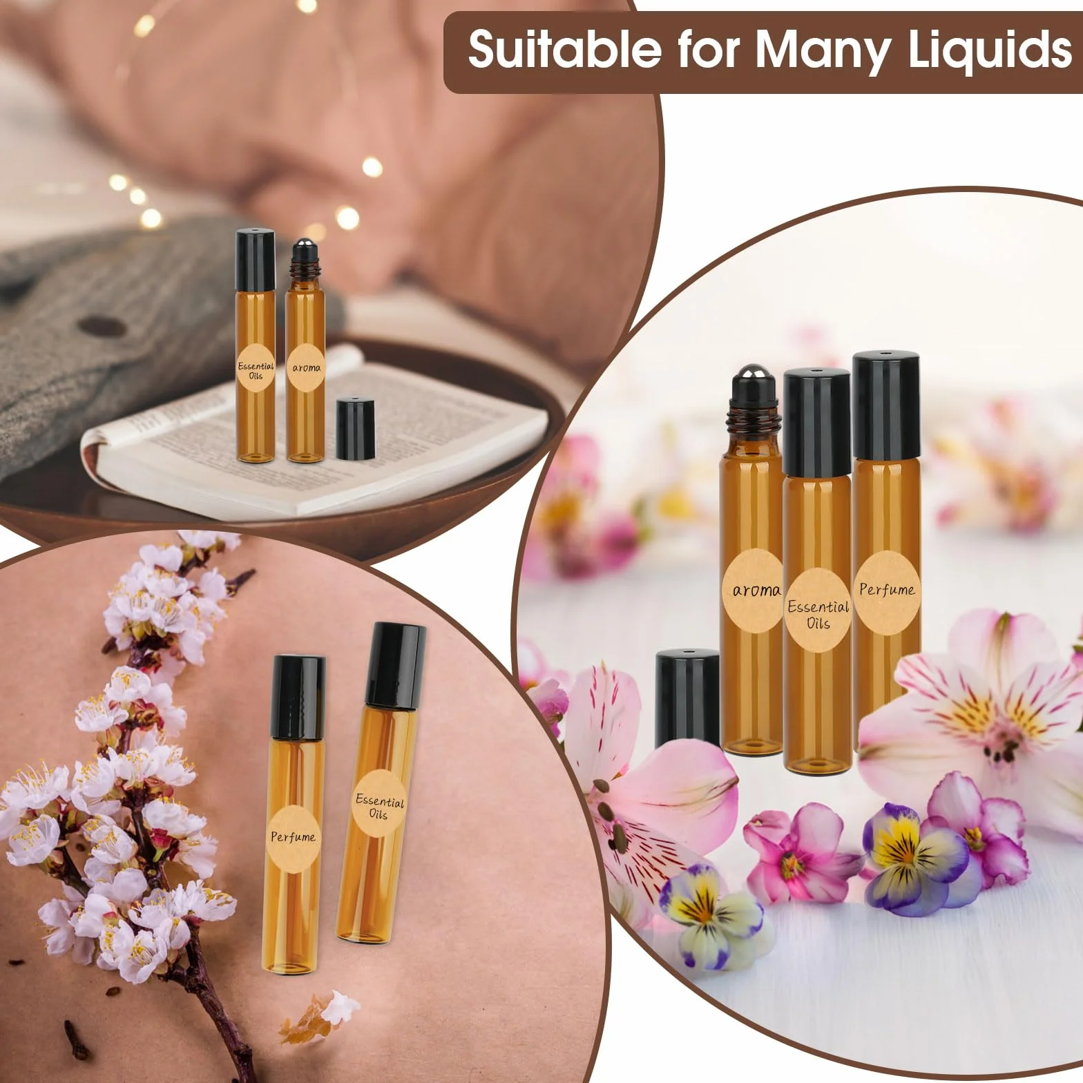 Lot de 24 bouteilles en verre roll on pour huile essentielle, acier inoxydable, marron, avec décapsuleur et étiquettes