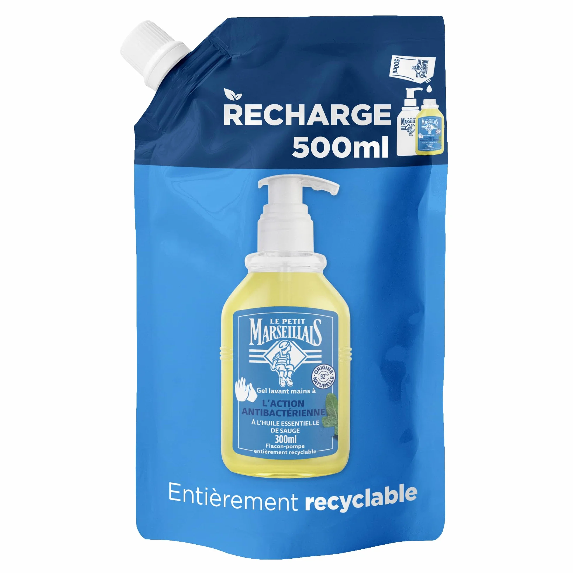 Le Petit Marseillais Recharge Gel Lavant Mains Antibactérien 500 ml – Savon Liquide pour Flacon-Pompe à l’Huile Essentielle de Sauge