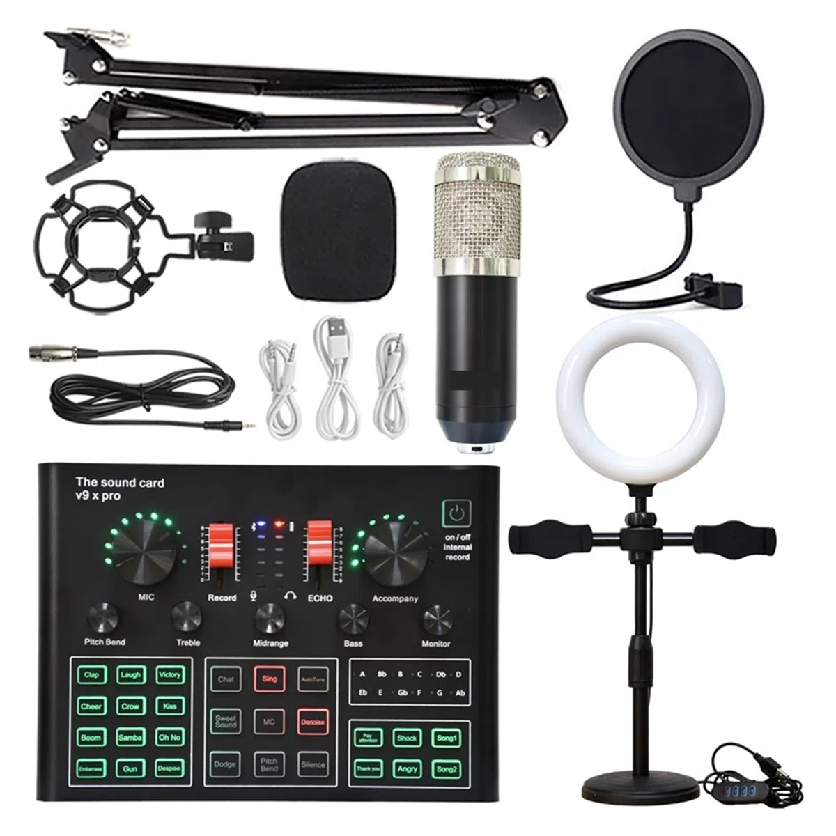 Kit de carte son professionnel à condensateur, micro, Bluetooth, sans fil, karaoké, carte son avec support en porte-à-faux, lumière de remplissage, configuration de studio pour l'enregistrement d
