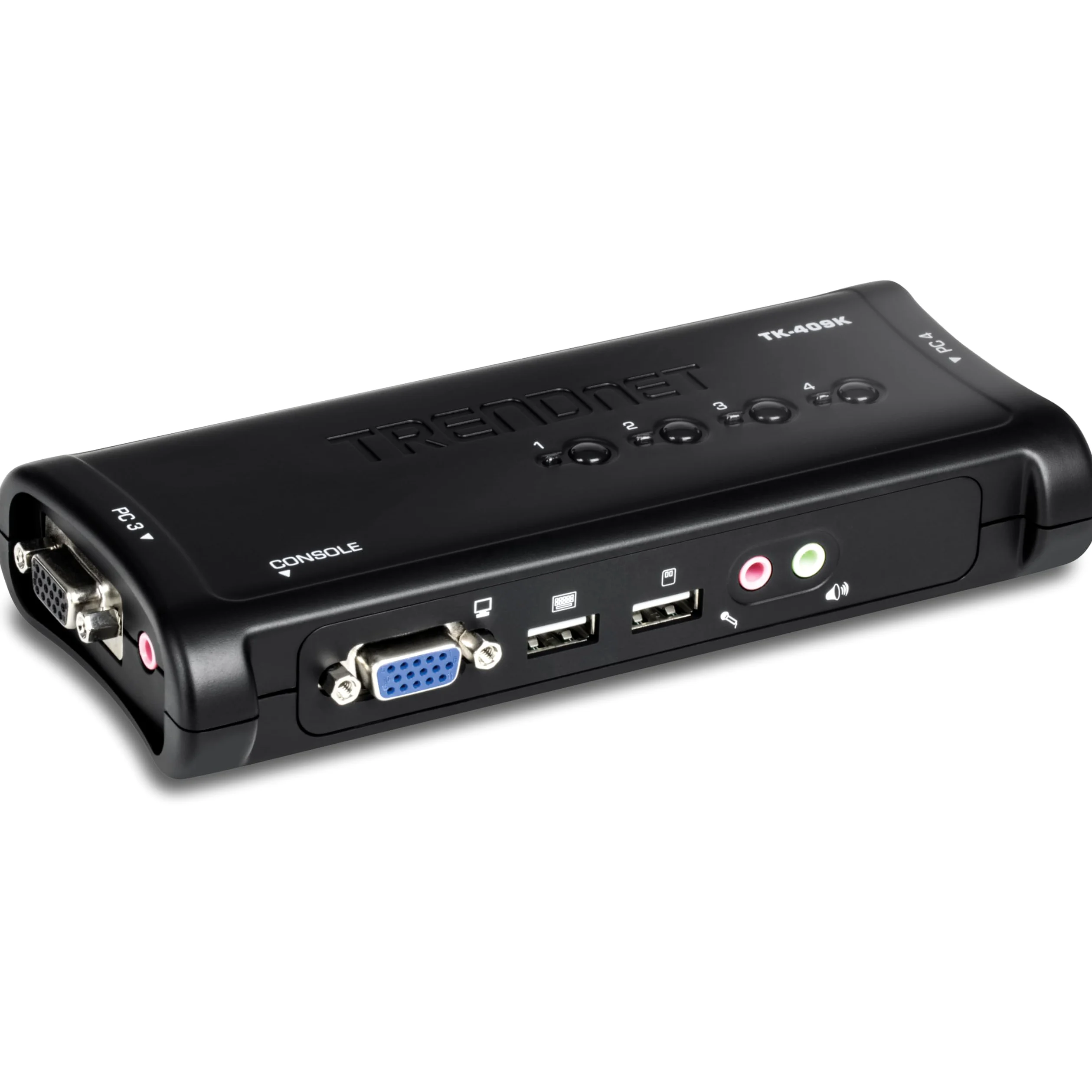 TRENDnet, TK-409K, Commutateur KVM USB 4 ports avec audio, contrôle jusqu'à 4 ordinateurs, résolution VGA 2048 x 1526, Plug and Play, alimentation USB, câbles KVM inclus, noir