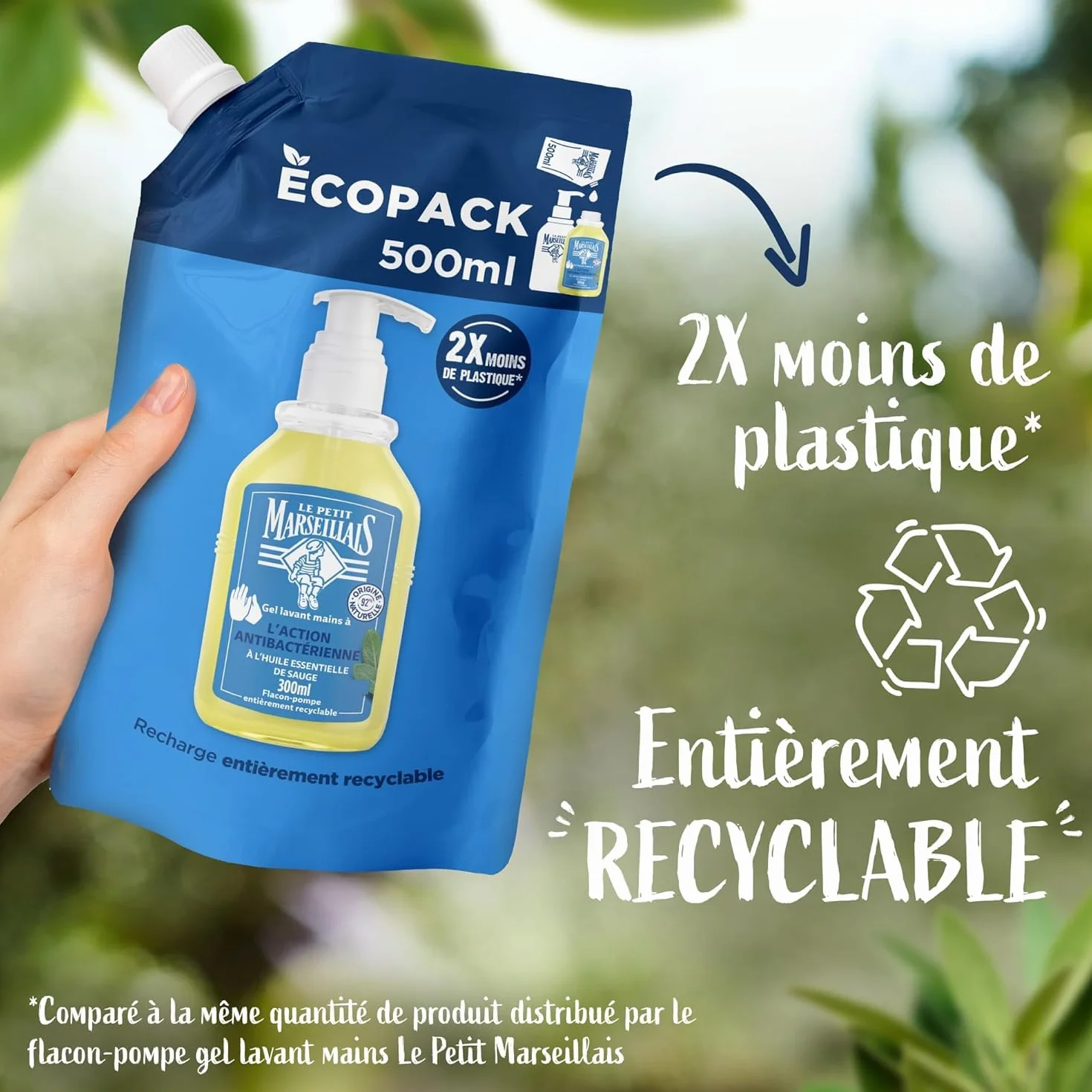 Le Petit Marseillais Recharge Gel Lavant Mains Antibactérien 500 ml – Savon Liquide pour Flacon-Pompe à l’Huile Essentielle de Sauge