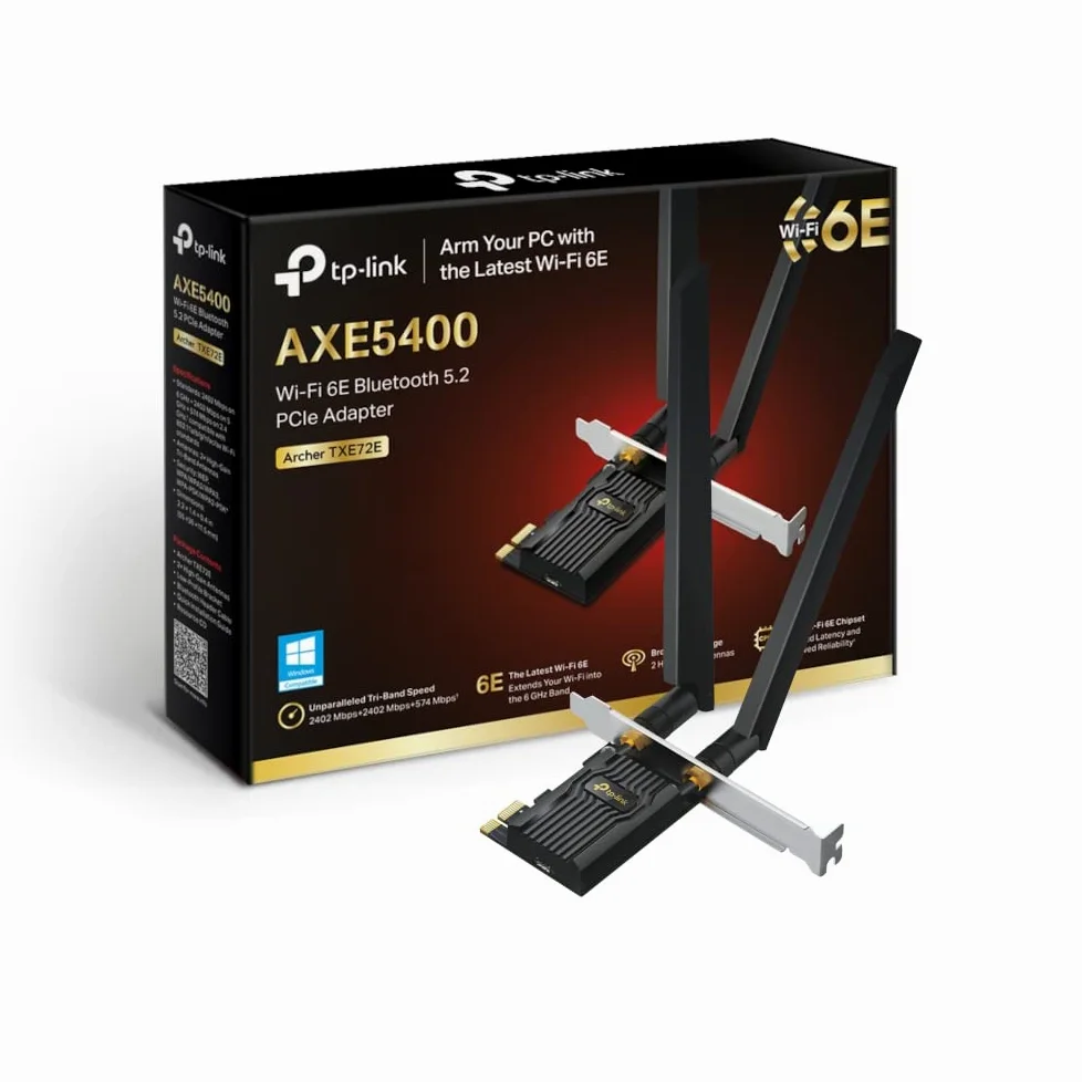 TP-Link AXE5400 Adaptateur PCI Express Wi-FI 6E Bluetooth 5.2 avec Deux antennes, Puce Intel Wi-FI 6E, Support Discret Inclus, sécurité WPA3 (Archer TXE72E)