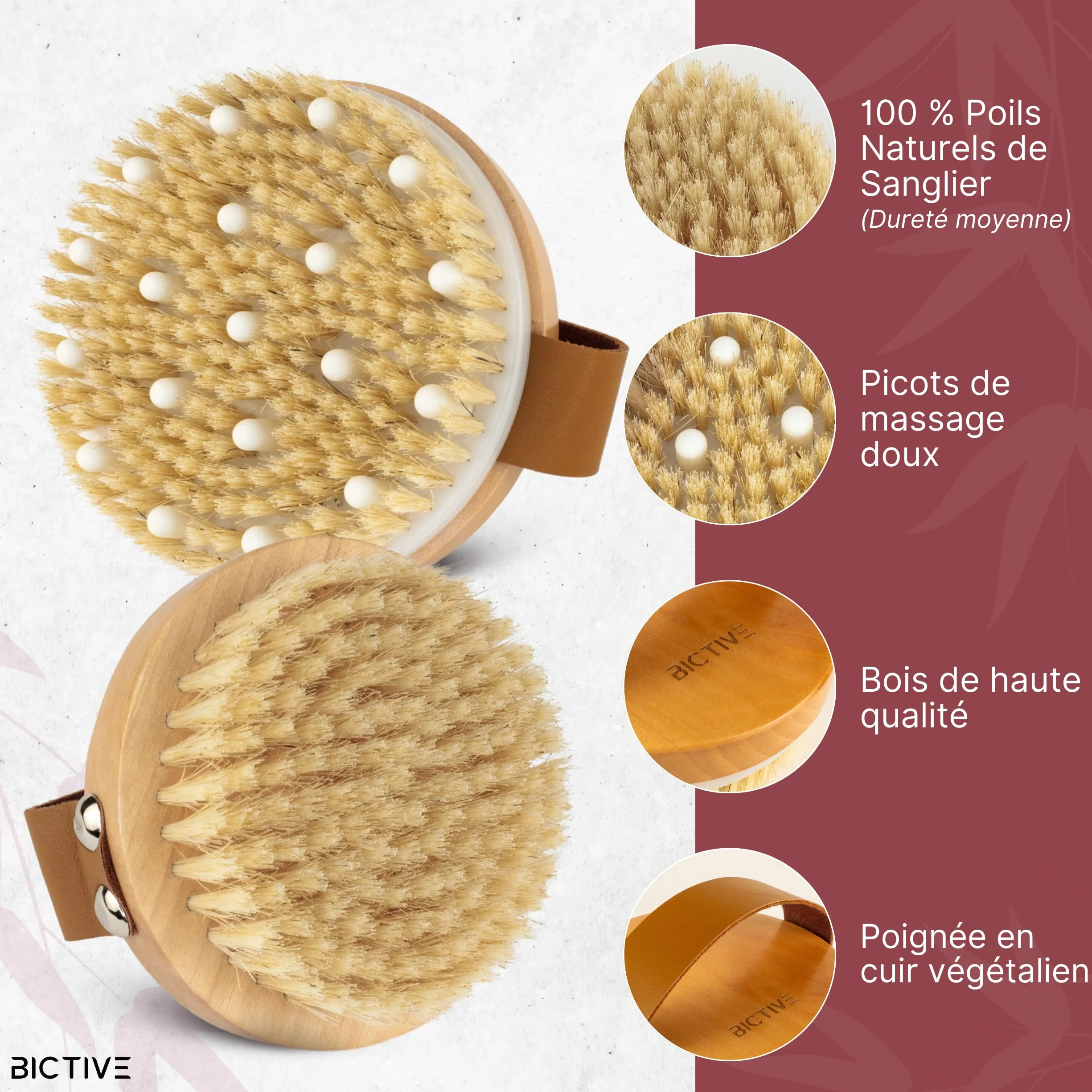 Kit Premium de 2 Brosses de Corps à Sec avec Poils Naturels - Brosse Exfoliante pour le Corps, Brossage à Sec Cellulite, Drainage Lymphatique