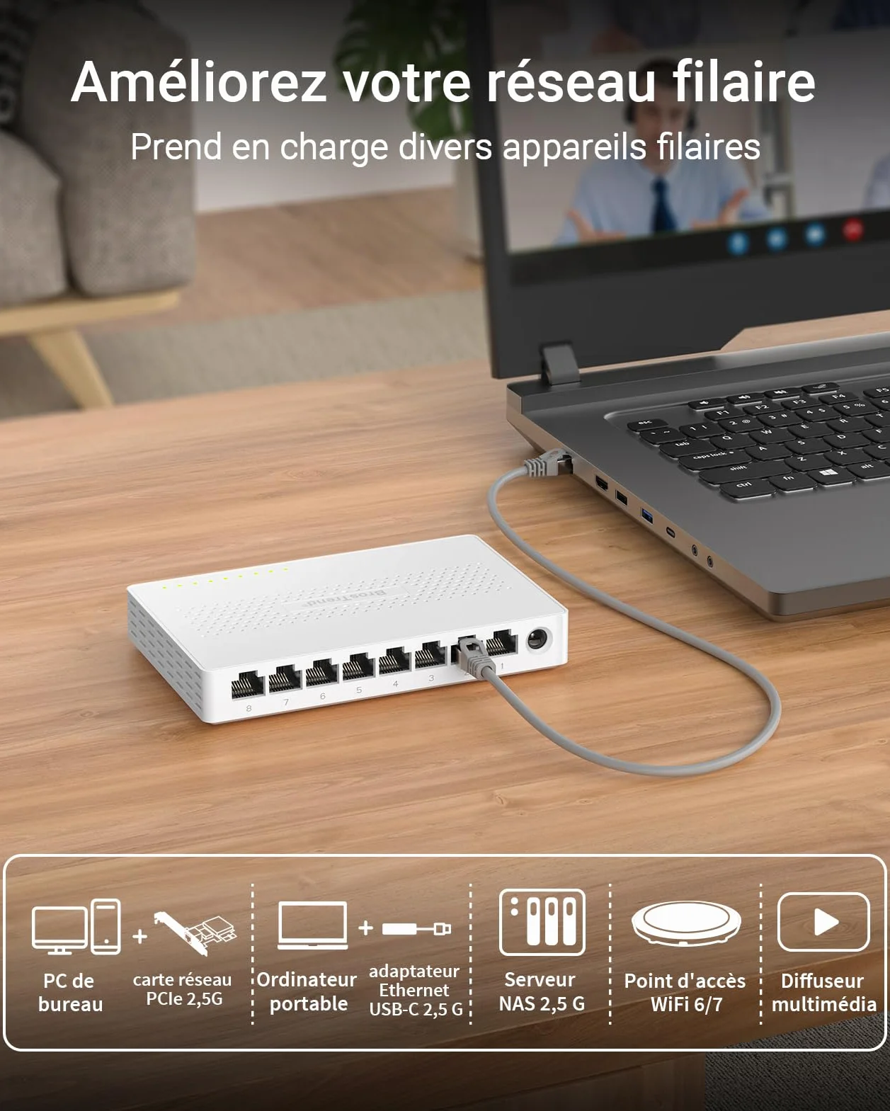 BrosTrend Switch Ethernet 2.5G 8 Ports, RJ45 Unmanaged, 2.5G Base-T, 100/1000/2500Mbps
