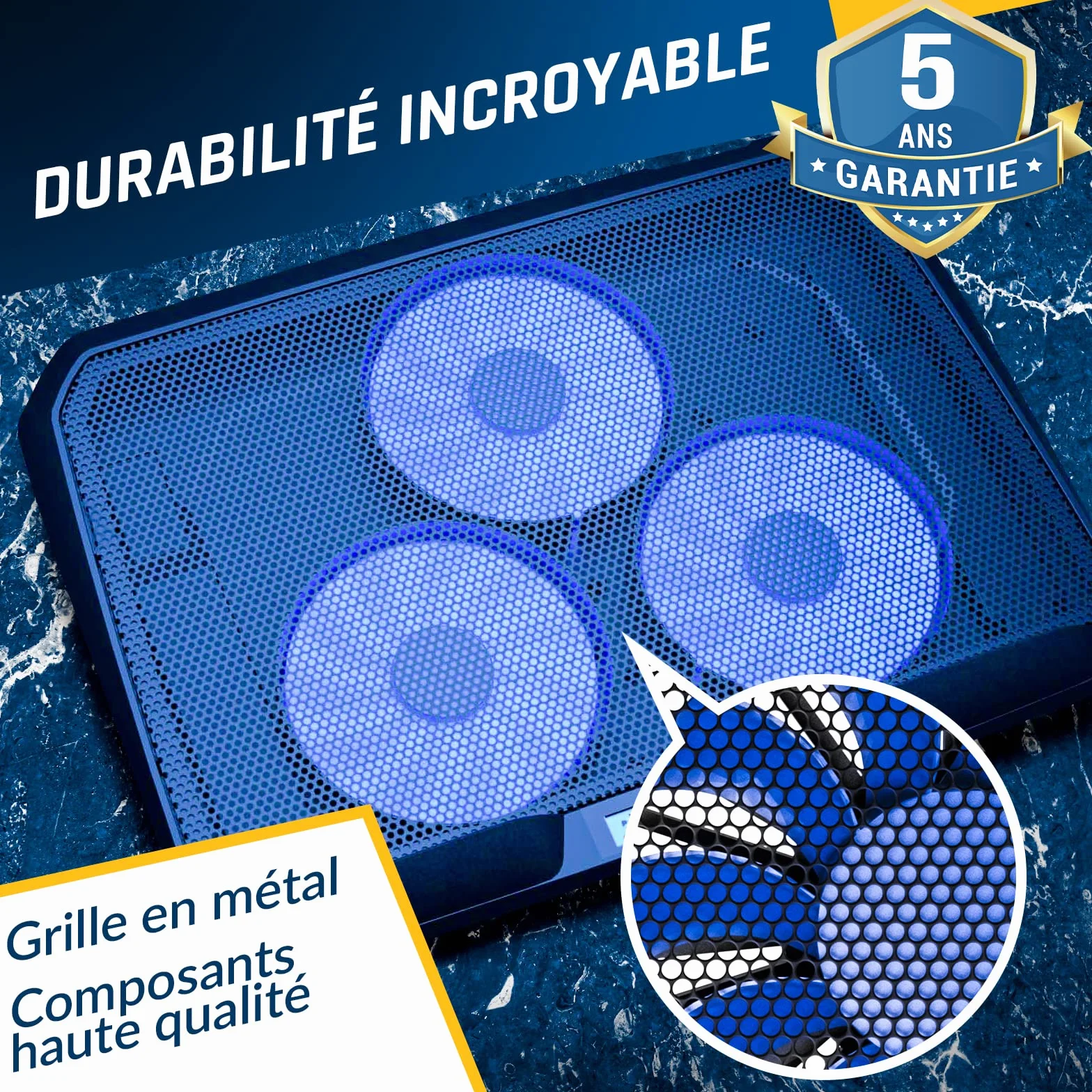 KLIM KN02 Refroidisseur PC Portable 11-17,3 Pouces 3 Ventilateurs 1500 RPM Support + Grille métallique