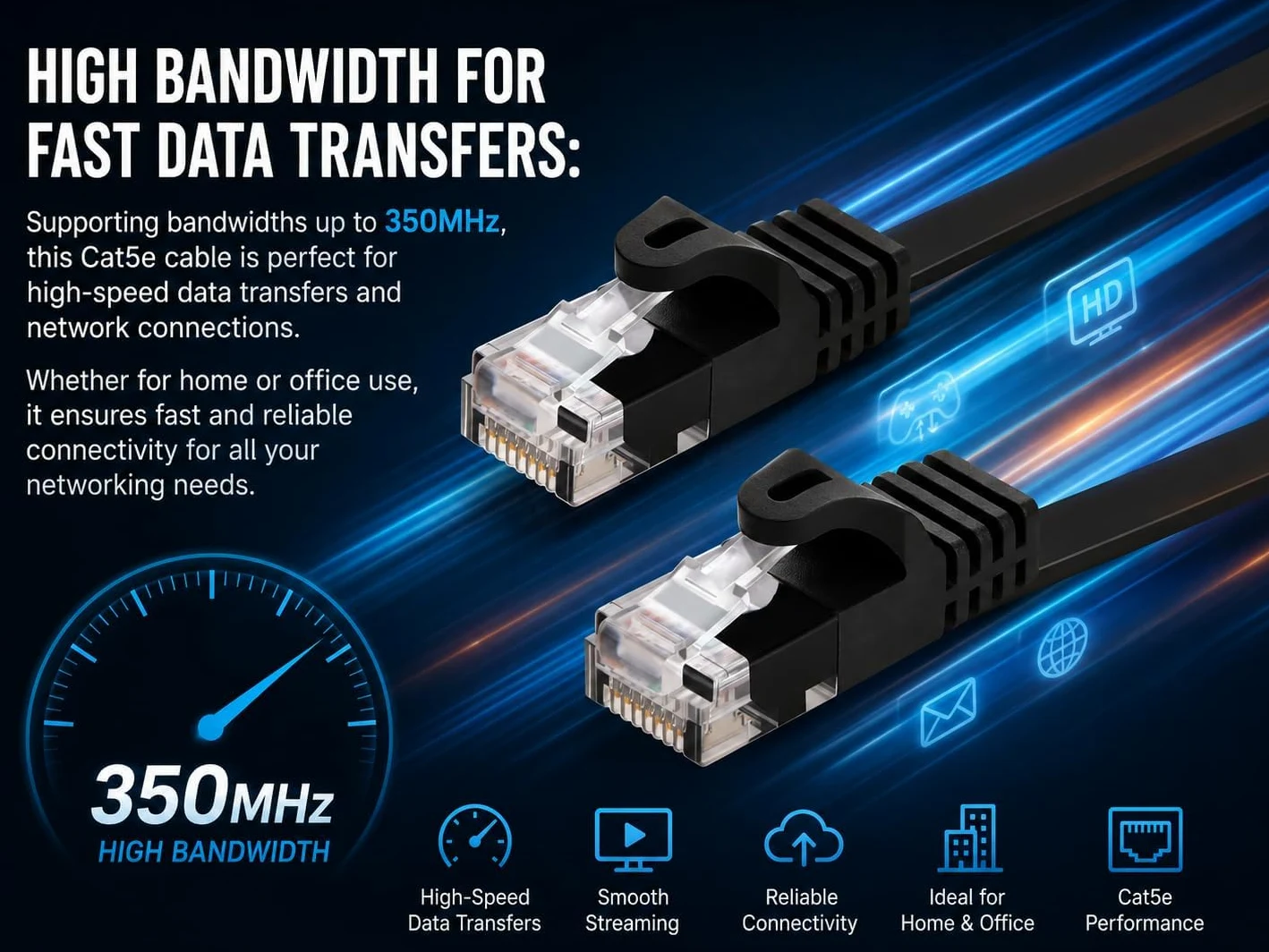 BRENDAZ Lot de 2 câbles Ethernet Cat5e de 30,5 m – Câble de raccordement réseau sans accroc, plat, 350 MHz, UTP, pour PC, serveur, routeur, modem, TV, PS5, consoles de jeux (2 pièces, 30,5 m)