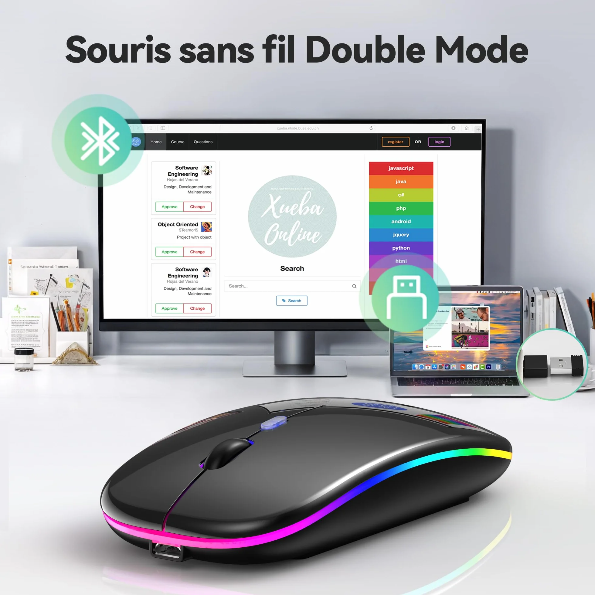 TECKNET Souris sans Fil Bluetooth 5.1 Rechargeable 1600 DPI Rétroéclairée 7 Couleurs Silencieuse Noir