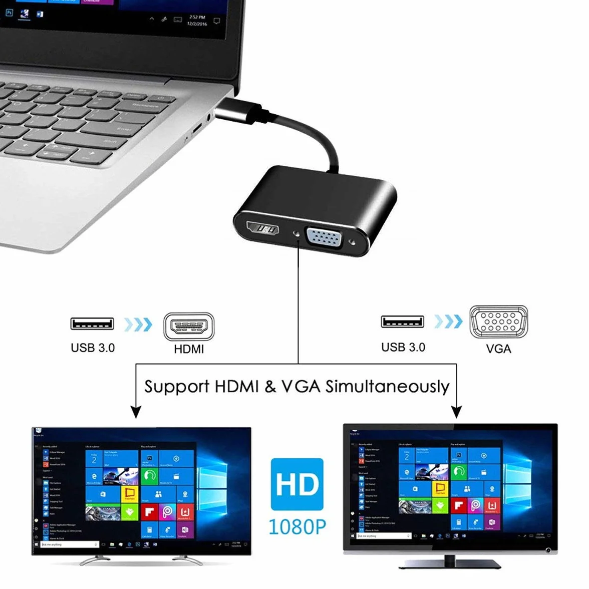 Cablecc Adaptateur USB 3.0 vers HDMI VGA Carte graphique externe pour ordinateur portable