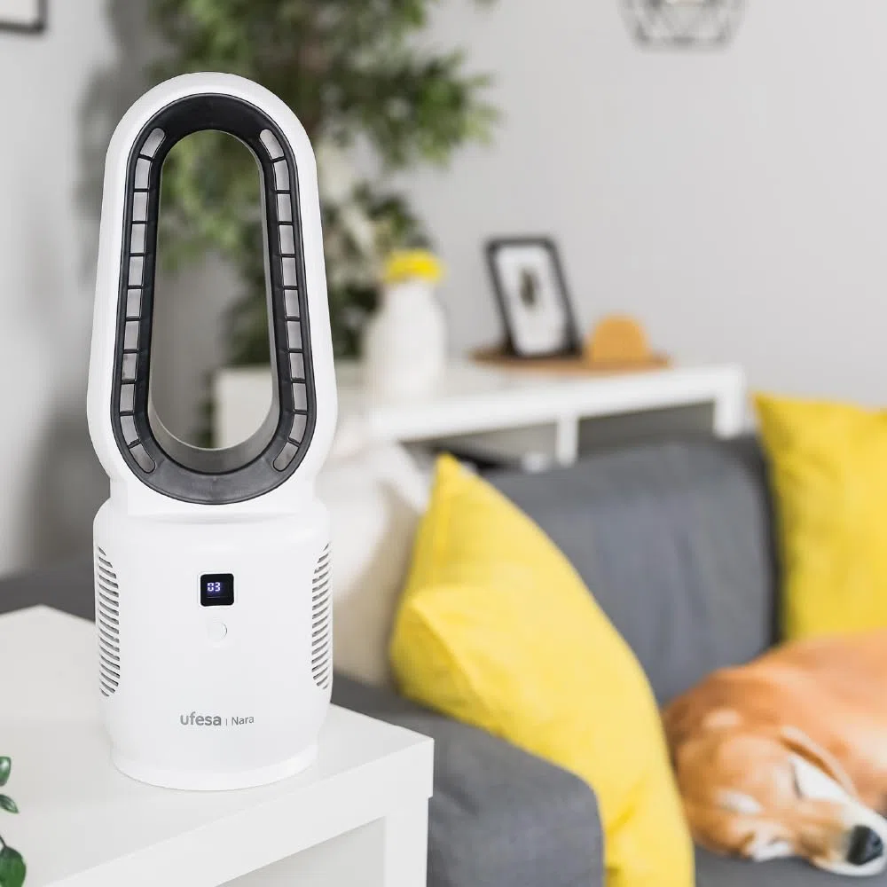 Ufesa Ventilateur de Table Sans Hélices Nara, Rechargeable, 10W, USB-C, 3 Vitesses, Écran LED, Batterie 2200 mAh, Utilisation avec ou sans Câble, Recharge Rapide, Compact