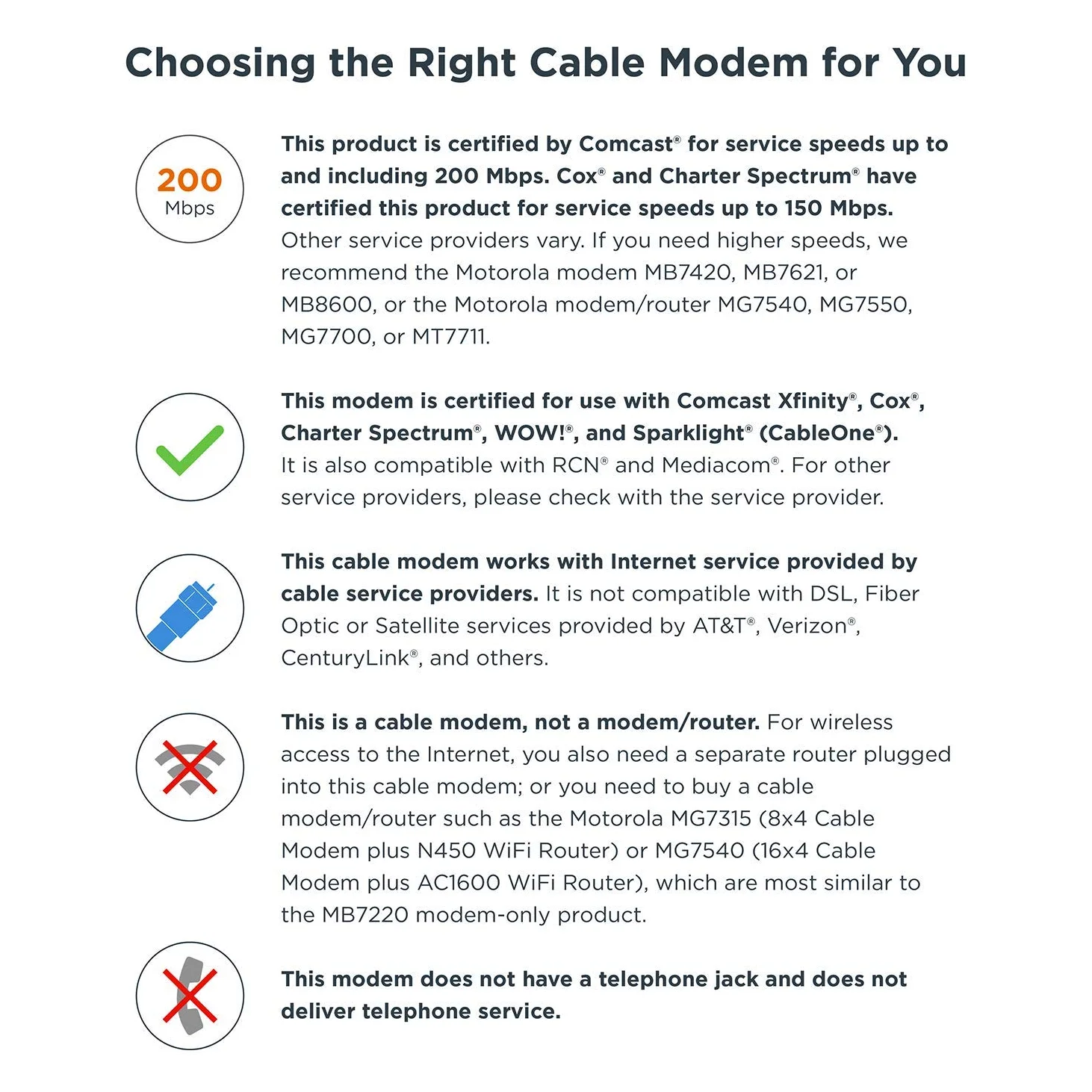 Motorola 8x4 Modem câble, modèle mb7220, 343 mbps docsis 3.0, certifié par comcast xfinity, Time Warner Cable, Cox, brighthouse et Plus (Pas sans Fil)