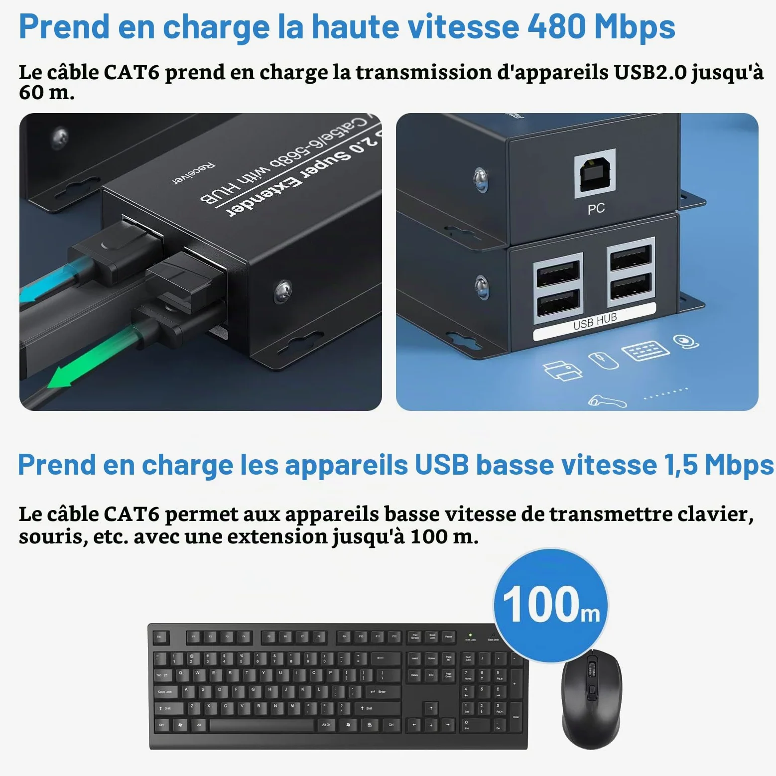 VEDINDUST USB 2.0 Extender Ethernet 4 Ports 196ft 60m Extension sur RJ45 Cat5e 6 Jusqu'à 480Mbps Deux Webcam Work Sync Support Windows MacOS Android Linux Pas de Pilote EX50USB etc