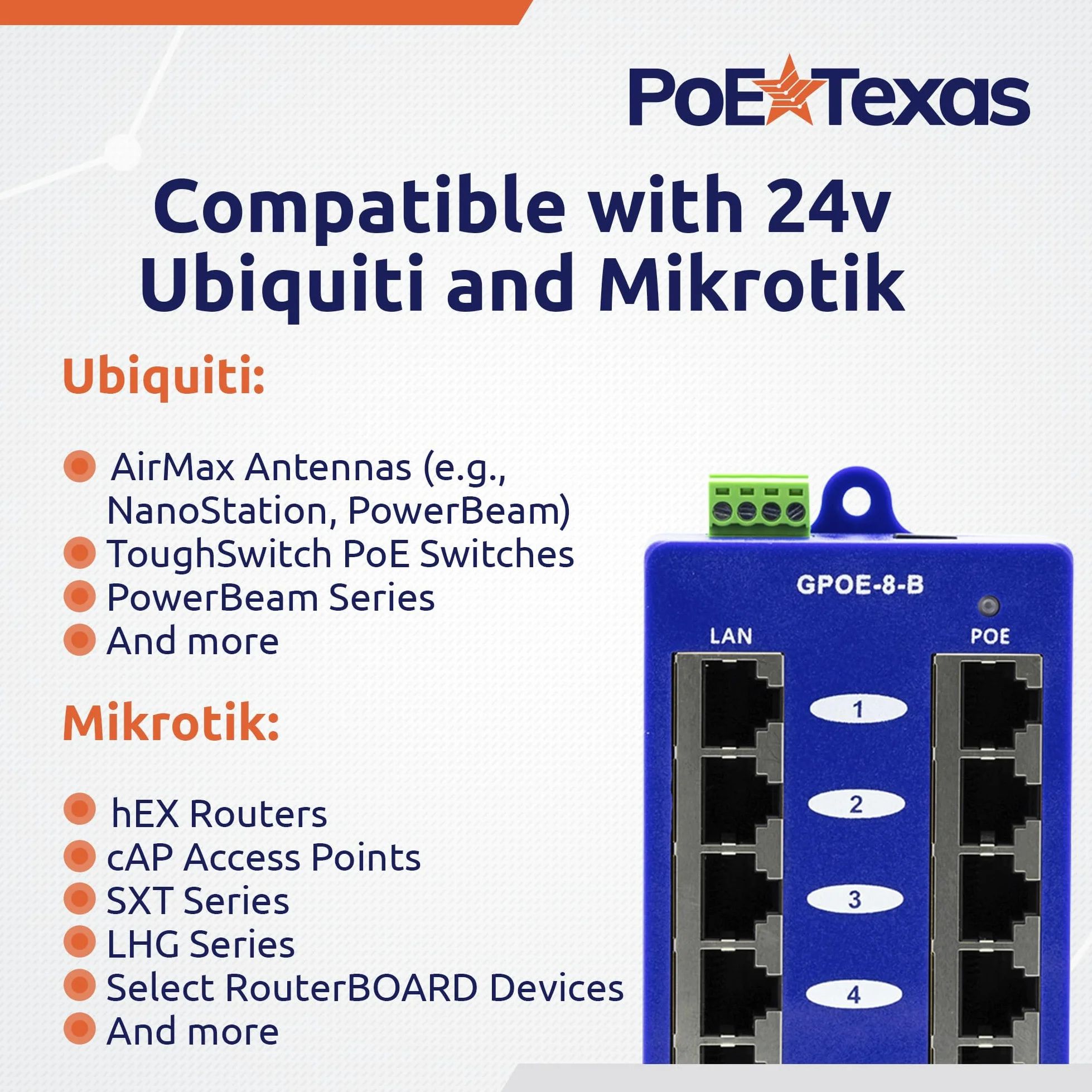 Wt-gpoe-8b Gigabit Injecteur PoE, 8 ports Gigabit PoE Injecteur pour 24 V Mikrotik et Ubiquiti appareils – Bloc d'alimentation non inclus