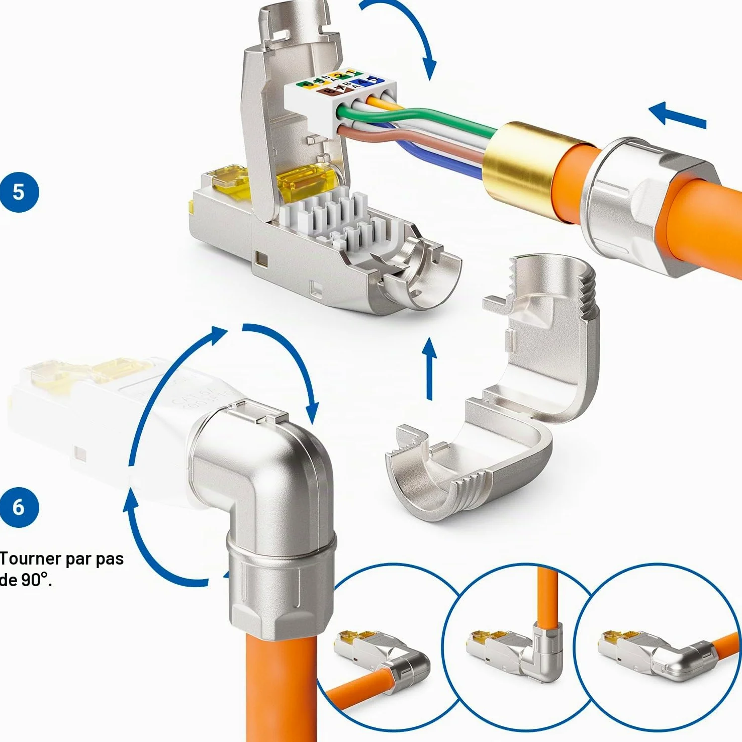 deleyCON 12x Connecteur Réseau RJ45 Cat 6a Coudé 90° sans Outil, Blindé, 10 Gbit/s - pour Câbles D’installation Rigides - Ethernet LAN/DSL, Patch | Sans outil, blindé, pour câble de pose rigide, câble brut, connecteur RJ45 Ethernet LAN DSL câble patch