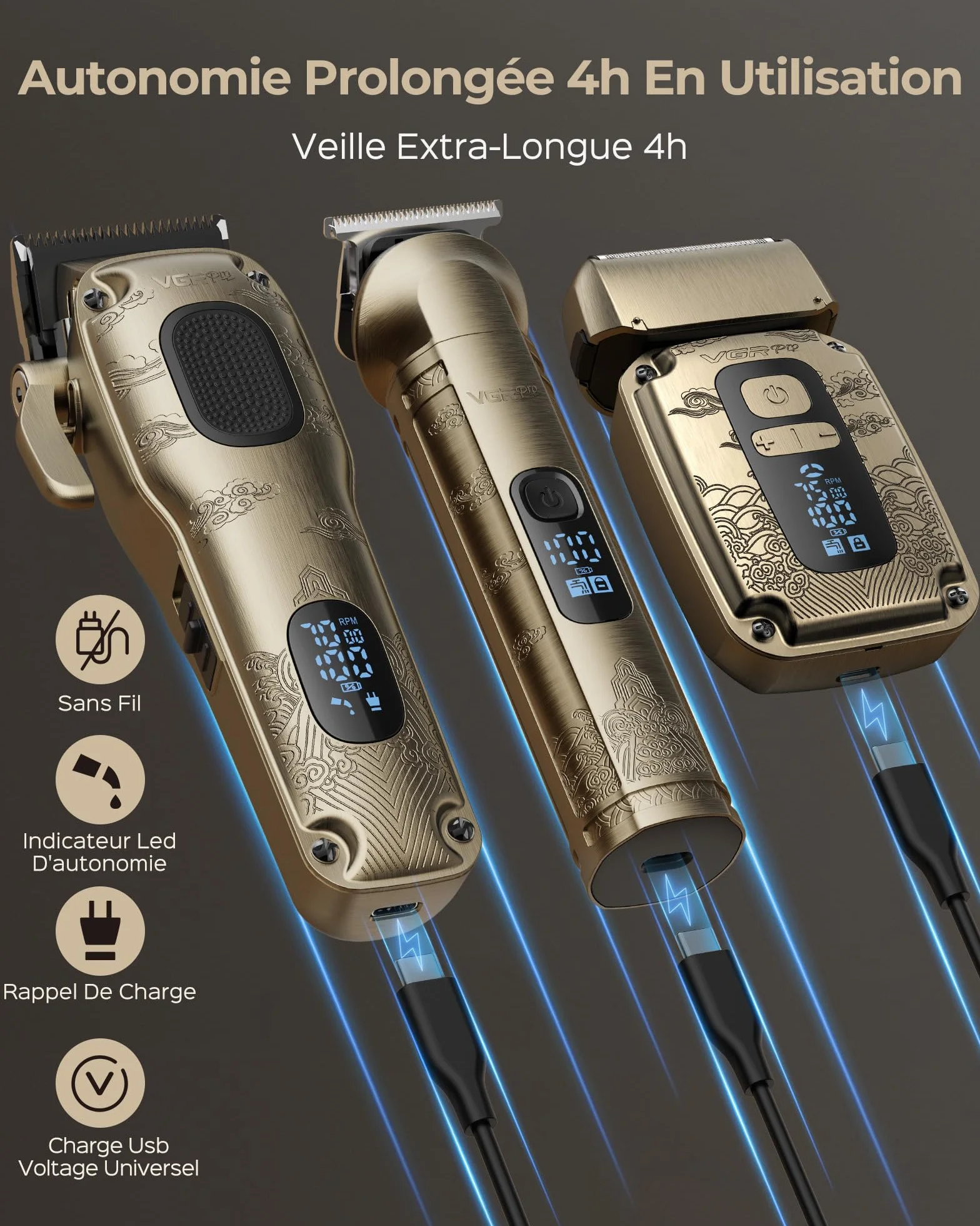 VGRPRO Tondeuse Cheveux Hommes Sans Fil Imperméable Rasoir Barbe 4 Vitesses LED