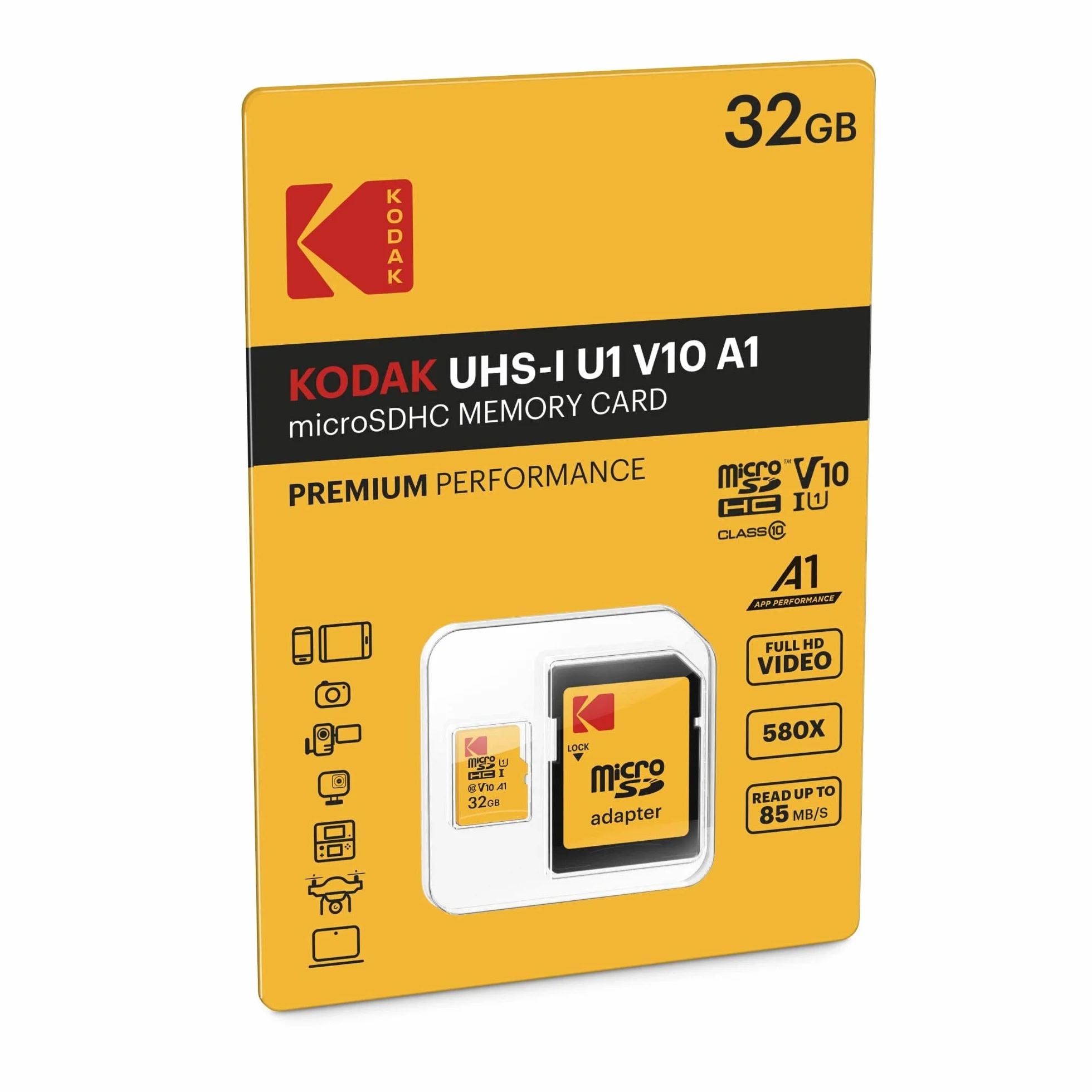 Kodak Carte Micro SD 32 Go UHS-I U1 V10 A1 microSDHC/XC Lecture 85Mo/s Écriture 25Mo/s