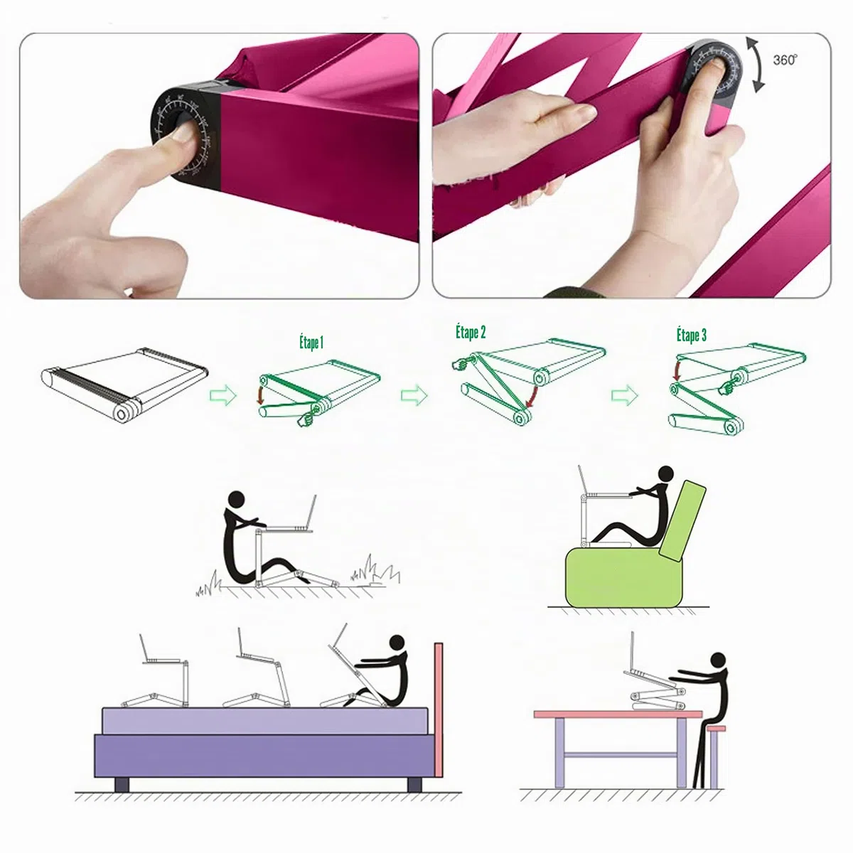 LifeBasis Table de Lit Pliable Table Ordinateur Réglable Compacte Légère pour PC Portable Plateau Table de Lecture pour Ultrabook Livre Magazine et Petit Déjeuner Rose