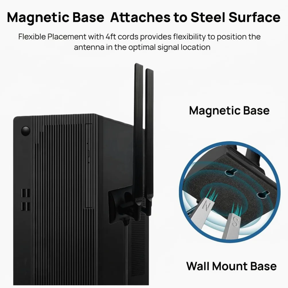 TECHTOO Antenne WiFi 12 dBi double bande 2,4 GHz 5 GHz RP-SMA Antennes WiFi avec base magnétique et câble d'extension de 1,2 m pour PC de bureau, ordinateur de bureau, carte réseau sans fil, carte