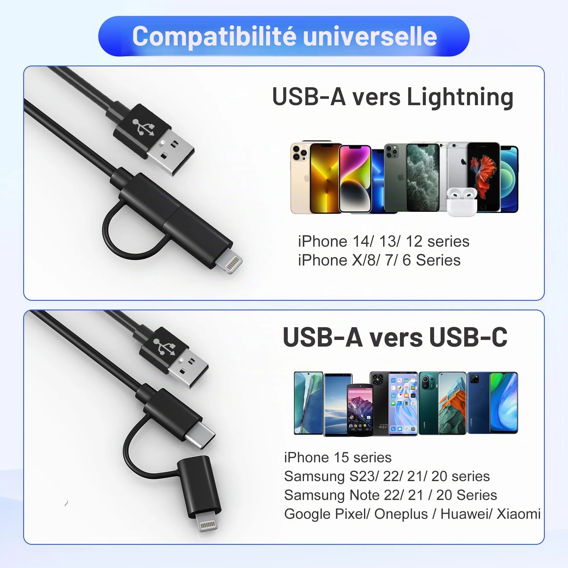 Câble Spirale Voiture 2 en 1 USB vers USB-C et Lightning pour Apple CarPlay et Android Auto, Charge Rapide 3A et Transmission de Données pour iPhone 17/16/15/14/13/12/11/Galaxy/Android
