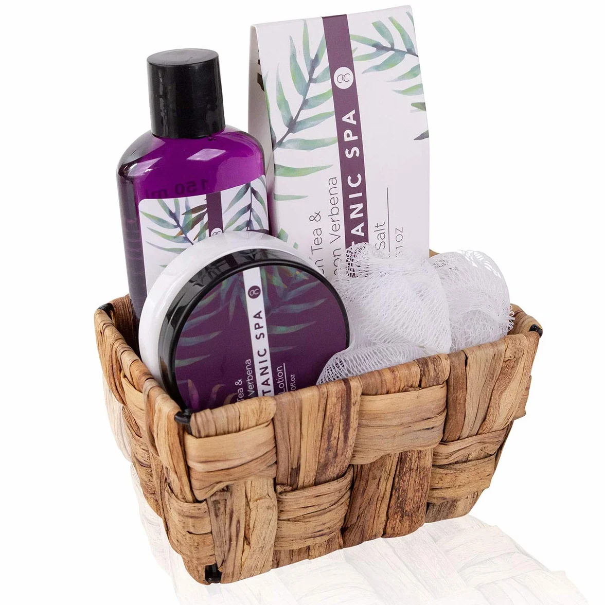 Accentra Set de bain femme Botanic SPA corbeille Kit soins 4 pcs gel douche sel de bain lotion corps éponge maillée